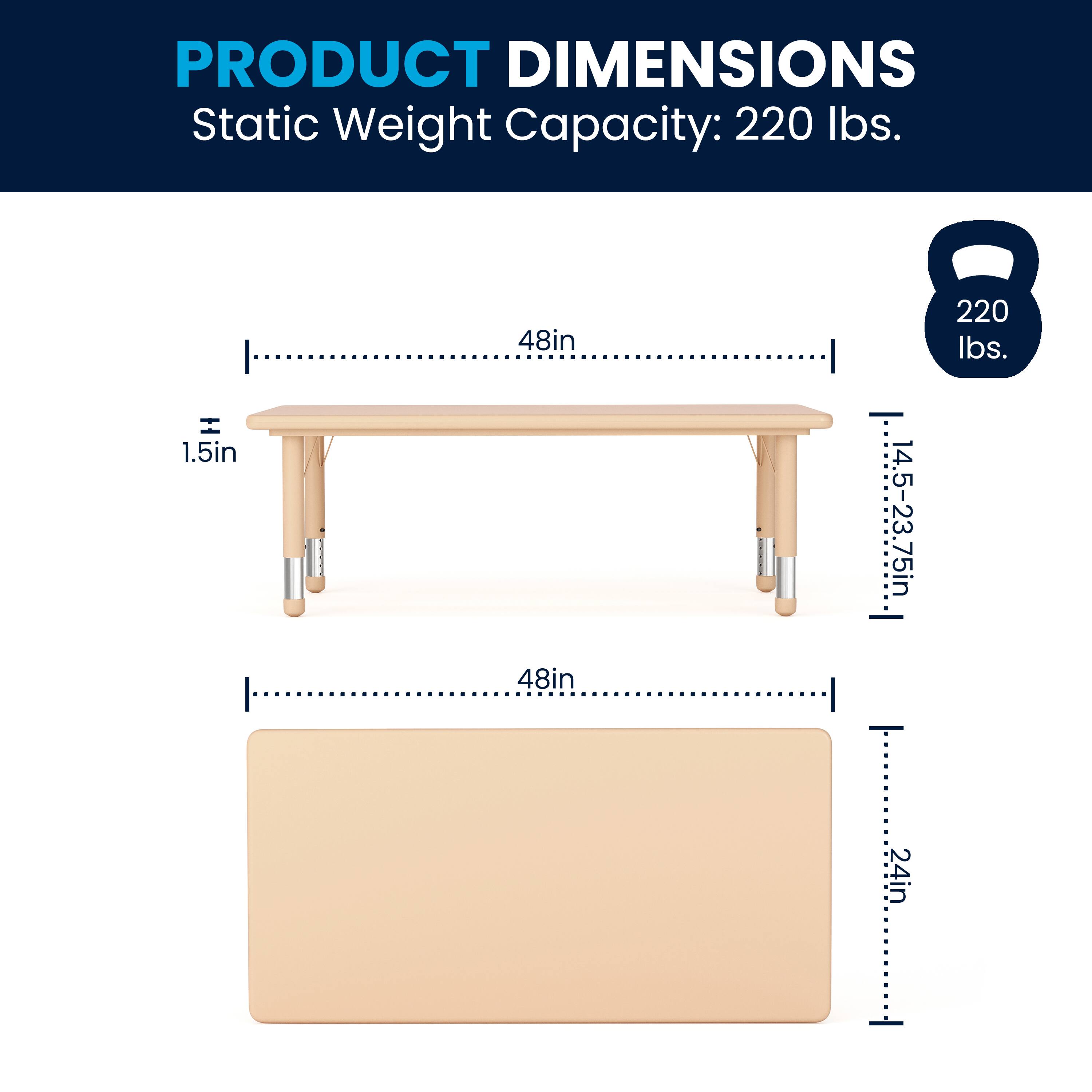 PRODUCT DIMENSIONS  
Static Weight Capacity: 220 lbs.  
H 1.5in  
48in  
48in  
14.5-23.75in  
220 lbs.  
24in