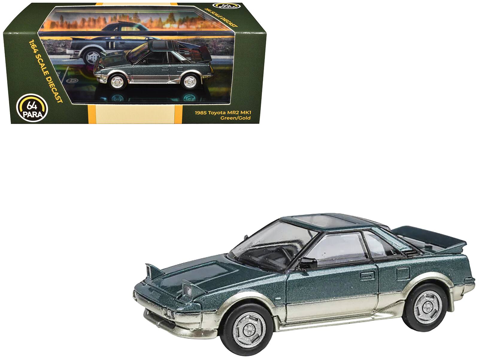 1:64 SCALE DIECAST  
64 PARA  
1985 Toyota MR2 MK1 Green/Gold