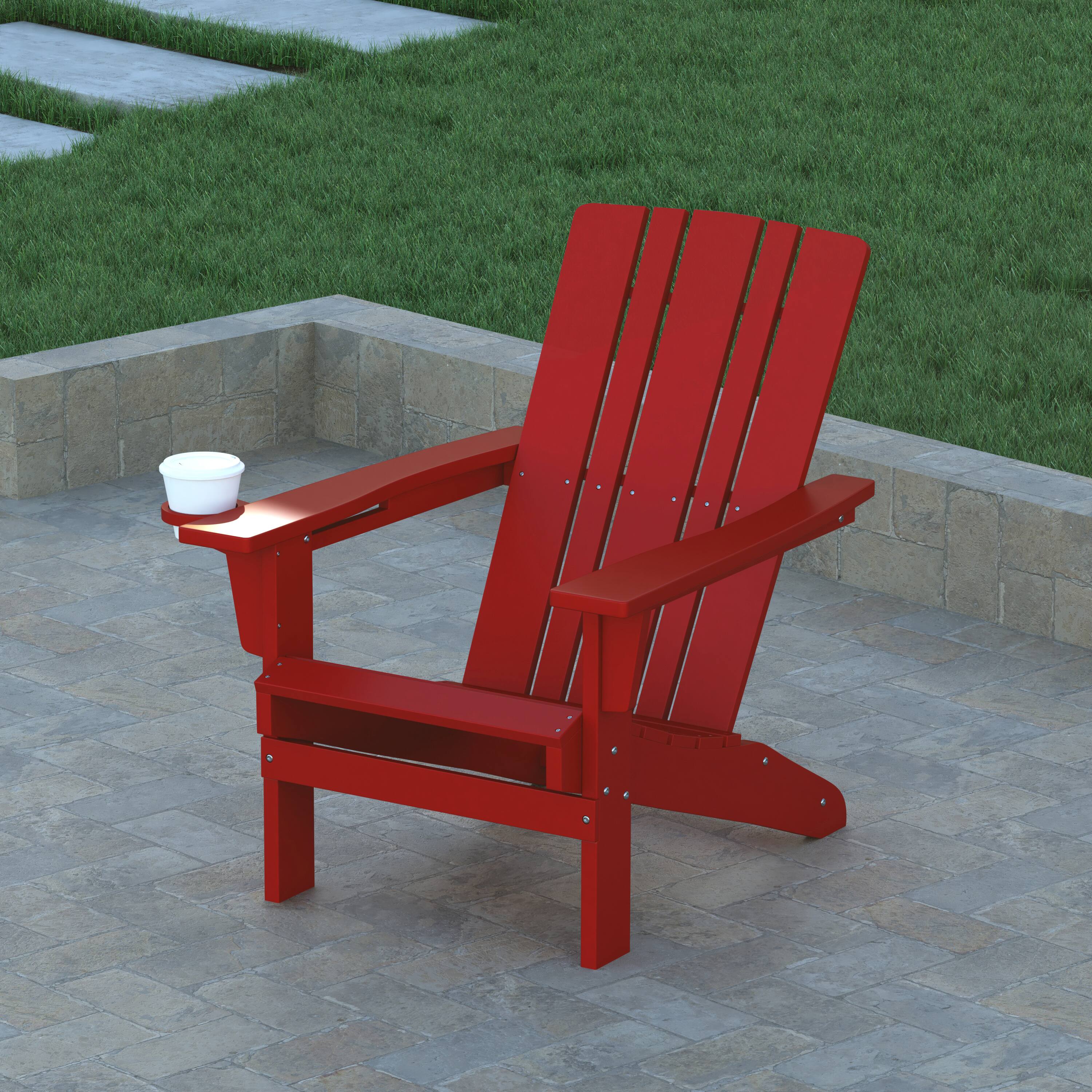 Alt View 3. Emma + Oliver - Haley Adirondack Chair with Cup Holder, Weather Resistant HDPE Adirondack Chair - Red.