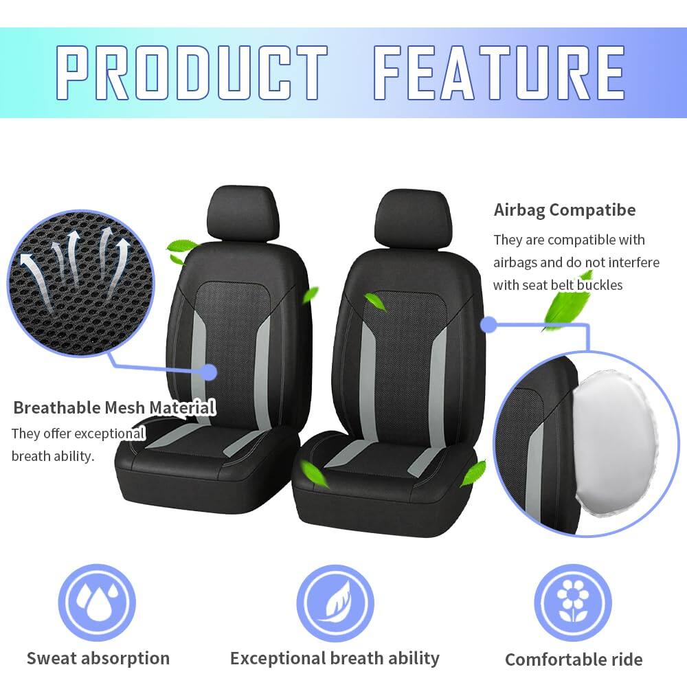 **PRODUCT FEATURE**

- **Airbag Compatible**
  - They are compatible with airbags and do not interfere with seat belt buckles.

- **Breathable Mesh Material**
  - They offer exceptional breath ability.

- **Sweat absorption**
  - Exceptional breath ability
  - Comfortable ride