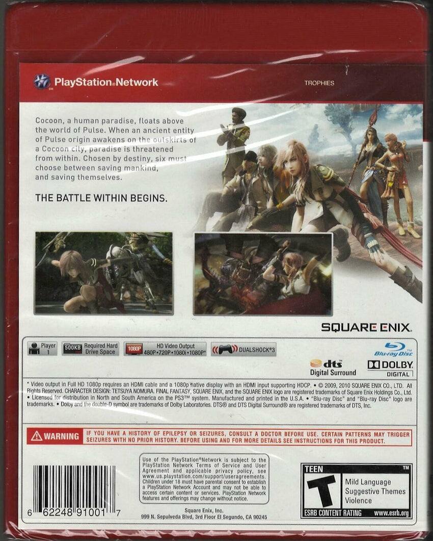 **PlayStation Network**

**TROPHIES**

Cocoon, a human paradise, floats above the world of Pulse. When an ancient entity of Pulse origin awakens on the outskirts of a Cocoon city, paradise is threatened from within. Chosen by destiny, six must choose between saving mankind and saving themselves.

**THE BATTLE WITHIN BEGINS.**

---

**SQUARE ENIX**

- Player 1
- 500KB Required Hard Drive Space
- HD Video Output: 480P-720P-1080i-1080P
- DUALSHOCK®3
- Blu-ray Disc
- dts Digital Surround
- DOLBY Digital

*Video output in Full HD 1080p requires an HDMI cable and a 1080p native display with an HDMI input supporting HDCP. 2009, 2010 SQUARE ENIX CO., LTD. All rights reserved. CHARACTER DESIGN: TETSUYA NOMURA. FINAL FANTASY, SQUARE ENIX, and the SQUARE ENIX logo are registered trademarks of Square Enix Holdings Co., Ltd. Blu-ray Disc and the Blu-ray Disc logo are trademarks