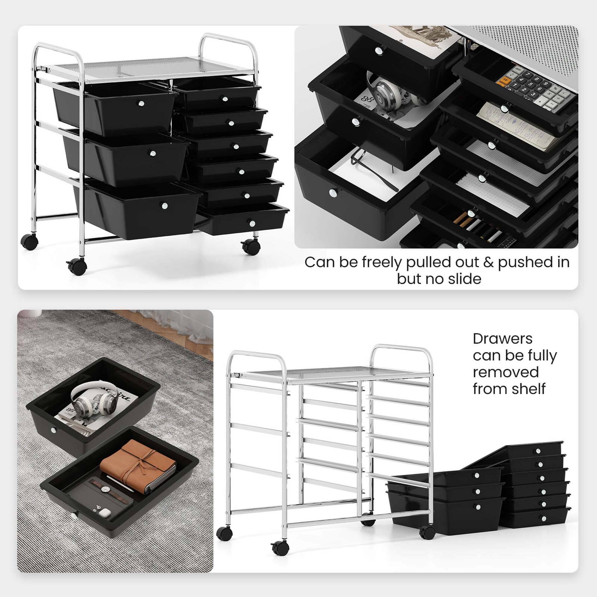 - Can be freely pulled out & pushed in but no slide
- Drawers can be fully removed from shelf