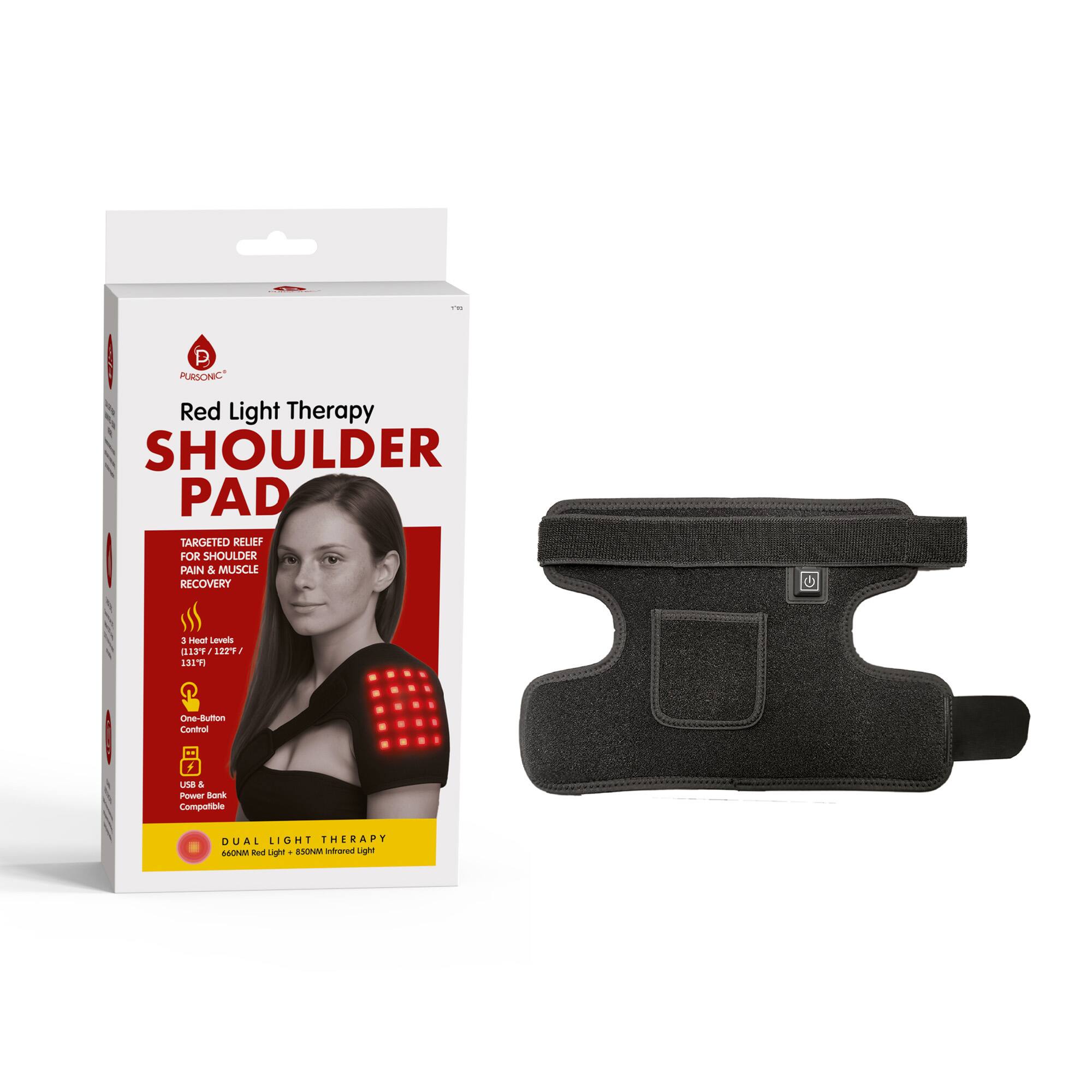 Red Light Therapy Shoulder Pad  
Targeted Relief for Shoulder Pain & Muscle Recovery  

- 3 Heat Levels: 115°F / 122°F / 131°F  
- One-Button Control  
- USB & Power Bank Compatible  
- Dual Light Therapy: 660nm Red Light + 880nm Infrared Light  

Pursonic