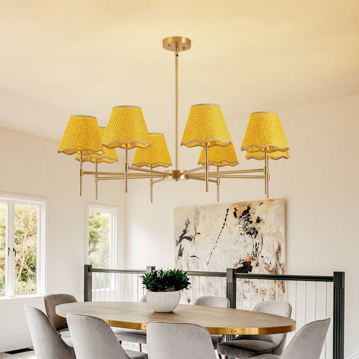 Left. Loheer - Loheer Gold Boho Chandelier, 8 Light Rattan Pendant Fixture for Dining Room and Living Room.