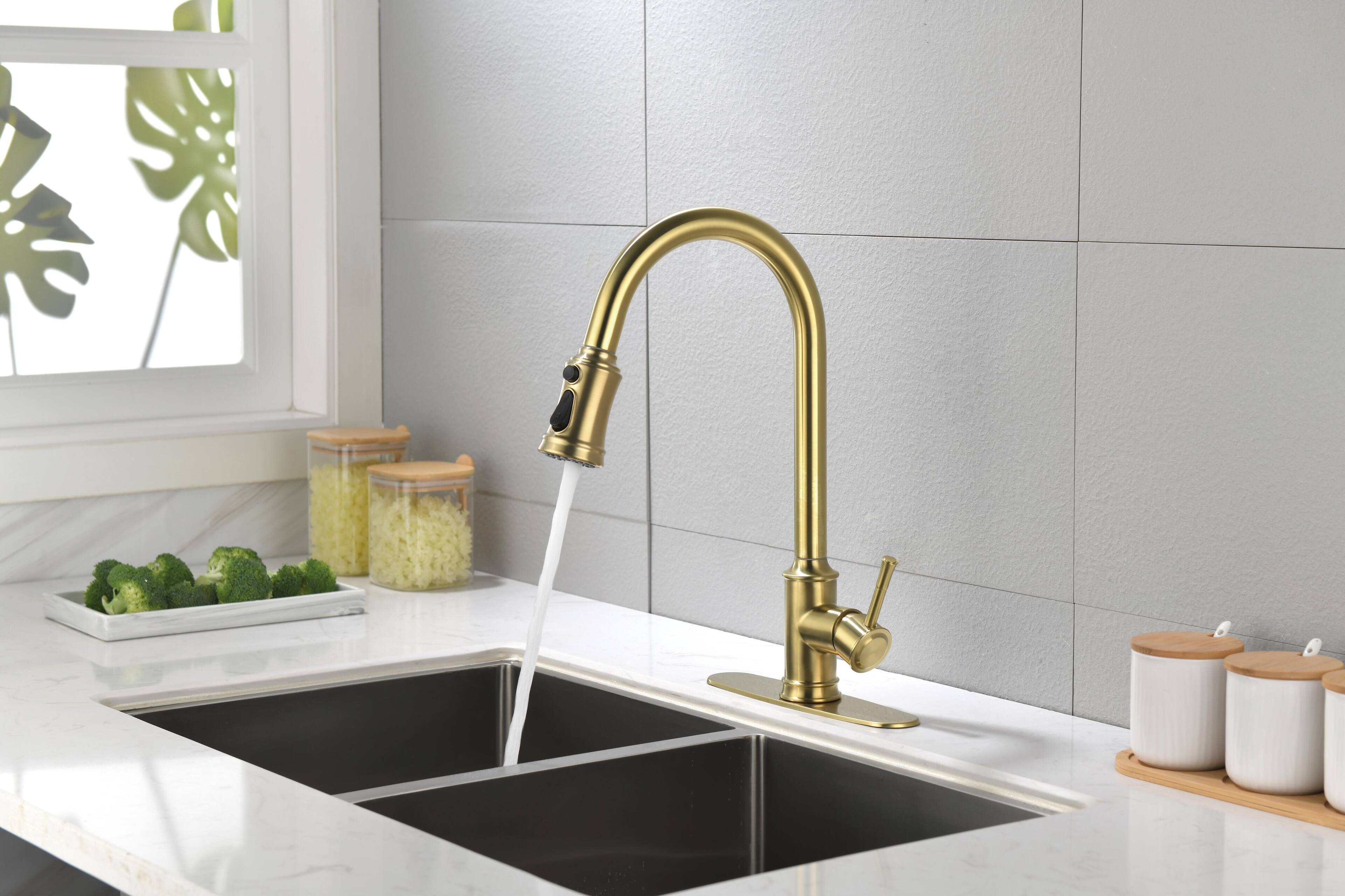 Alt View 4. Siljoy - Single Handle High Arc Pull Out Kitchen Faucet,Single Level Stainless Steel Kitchen Sink Faucets with Pull Down Sprayer - Brushed Gold.