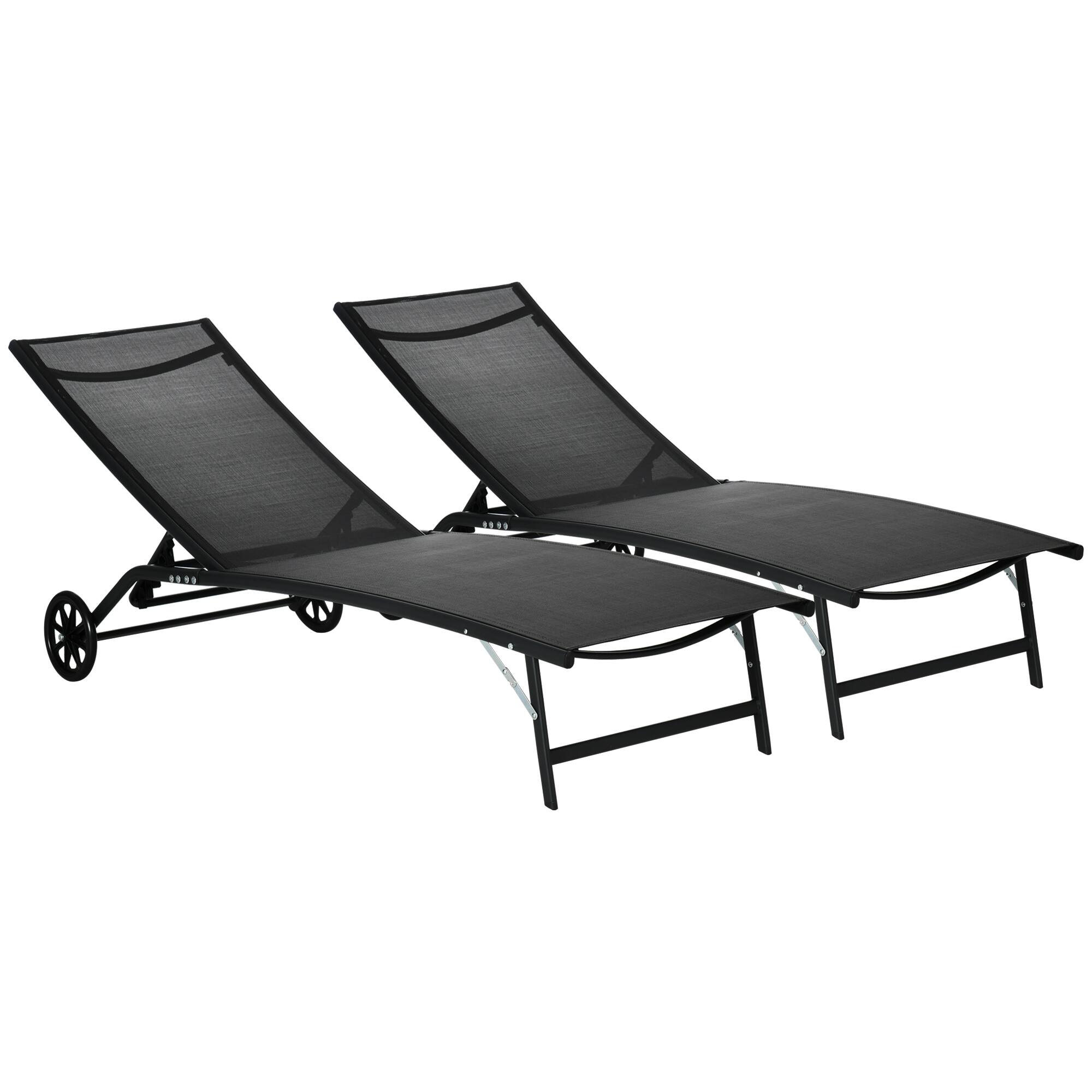 Front. Outsunny - Chaise Lounge Outdoor, 2 Piece Lounge Chair with Wheels, Tanning Chair with 5 Adjustable Positions for Patio, Beach - Black.
