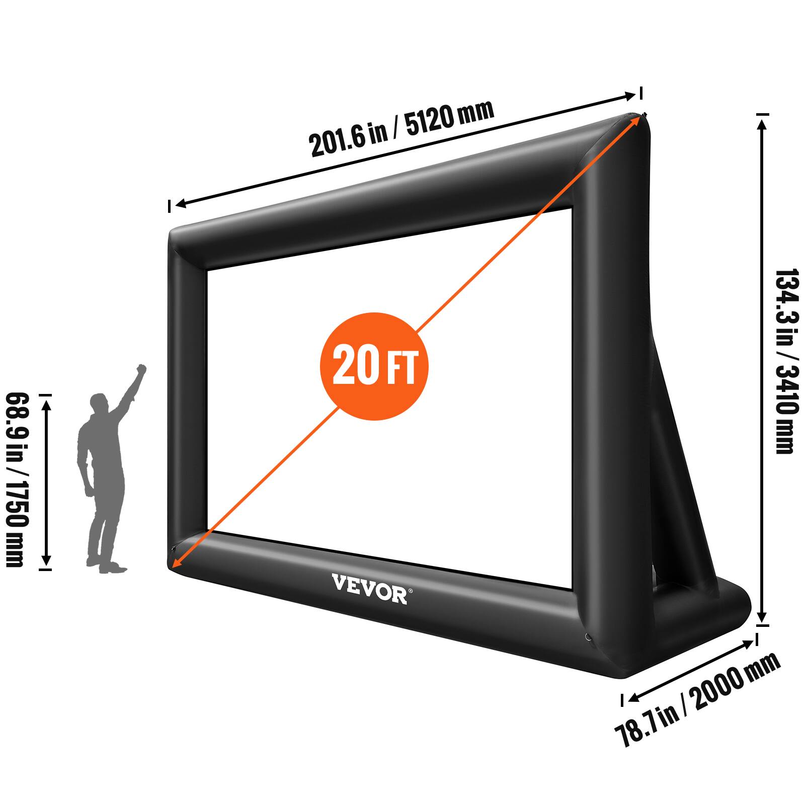 201.6 in / 5120 mm
68.9 in / 1750 mm
20 FT
134.3 in / 3410 mm
78.7 in / 2000 mm
VEVOR