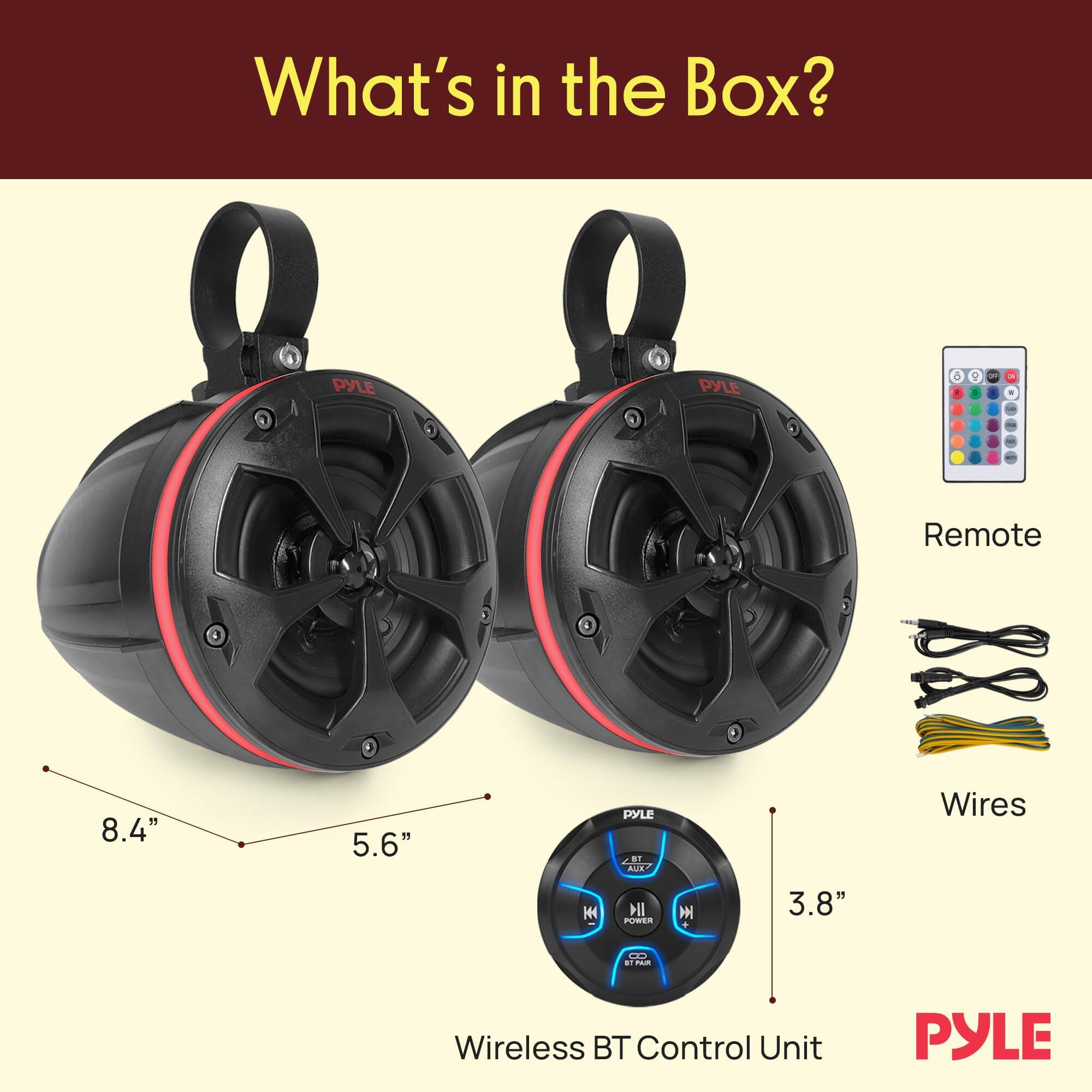What's in the Box?

- PYLE PYLE 6 E 9
- Remote
- 8.4" 5.6"
- Wires
- 3.8"
- Wireless BT Control Unit