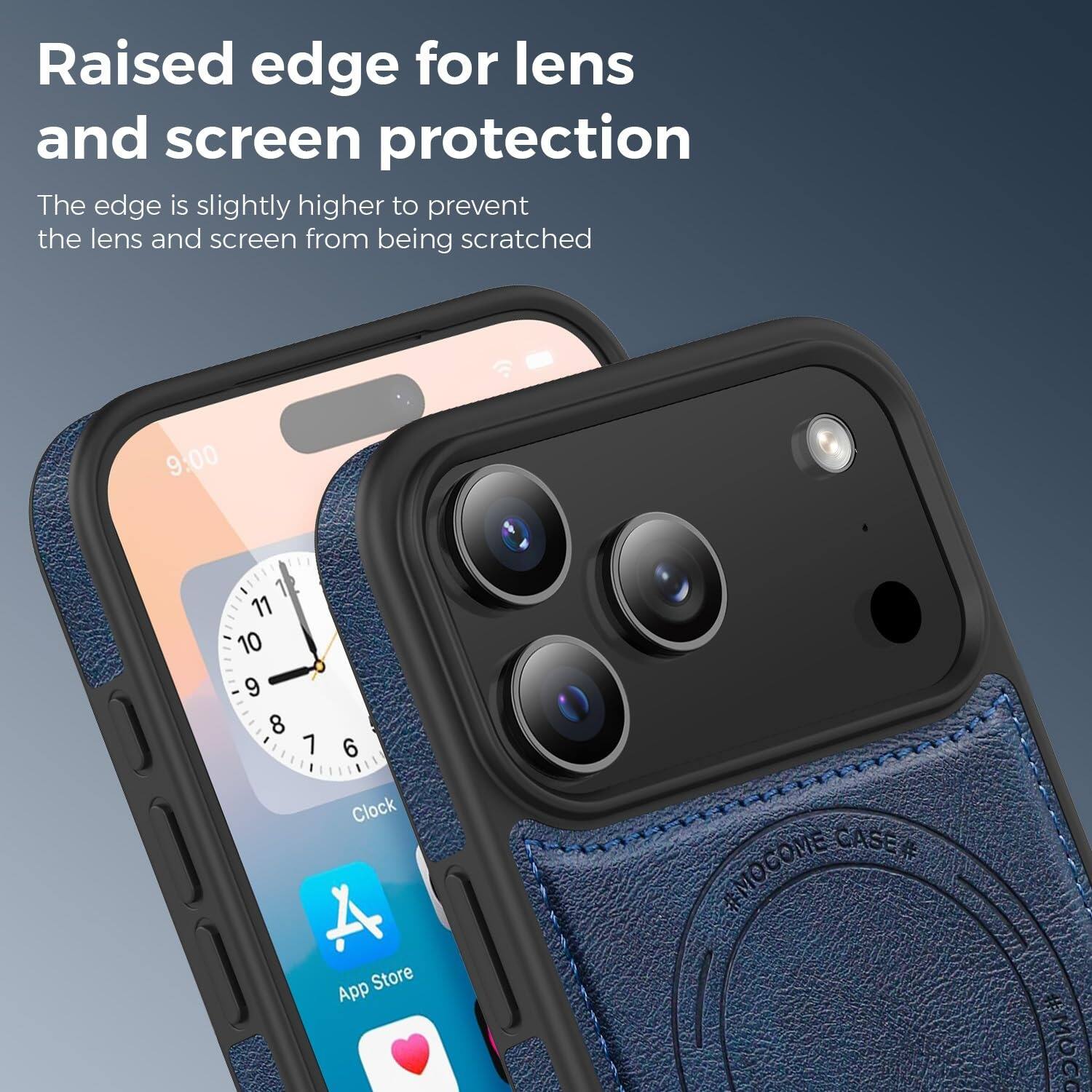 Raised edge for lens and screen protection  
The edge is slightly higher to prevent the lens and screen from being scratched  

9:00  
1 11 10 9 8 7 6  
Clock  
App Store  

CASE#  
#MOCOME