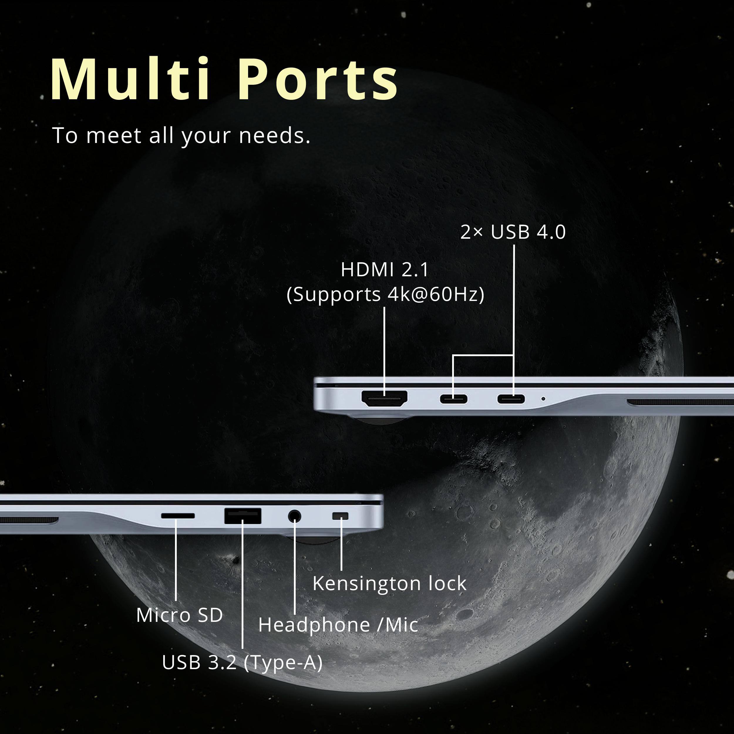 Multi Ports  
To meet all your needs.  

2x USB 4.0  
HDMI 2.1 (Supports 4k@60Hz)  
Kensington lock  
Micro SD  
Headphone / Mic  
USB 3.2 (Type-A)