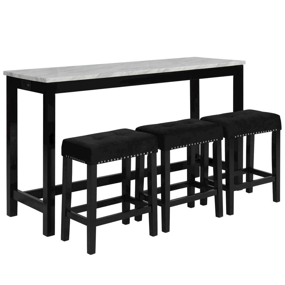 FurniFact - Bar Table Set, Console Table with Stools, Wood Sofa Table with Stools - Black