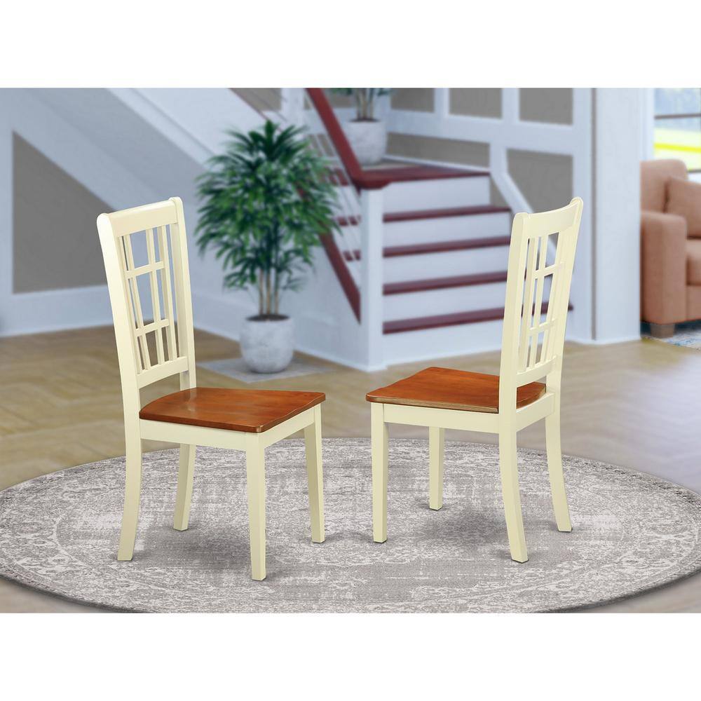 Left. East West Furniture - Nicoli Dining Chair with Wood Seat buttermilk & brown finish - Buttermilk & Cherry.
