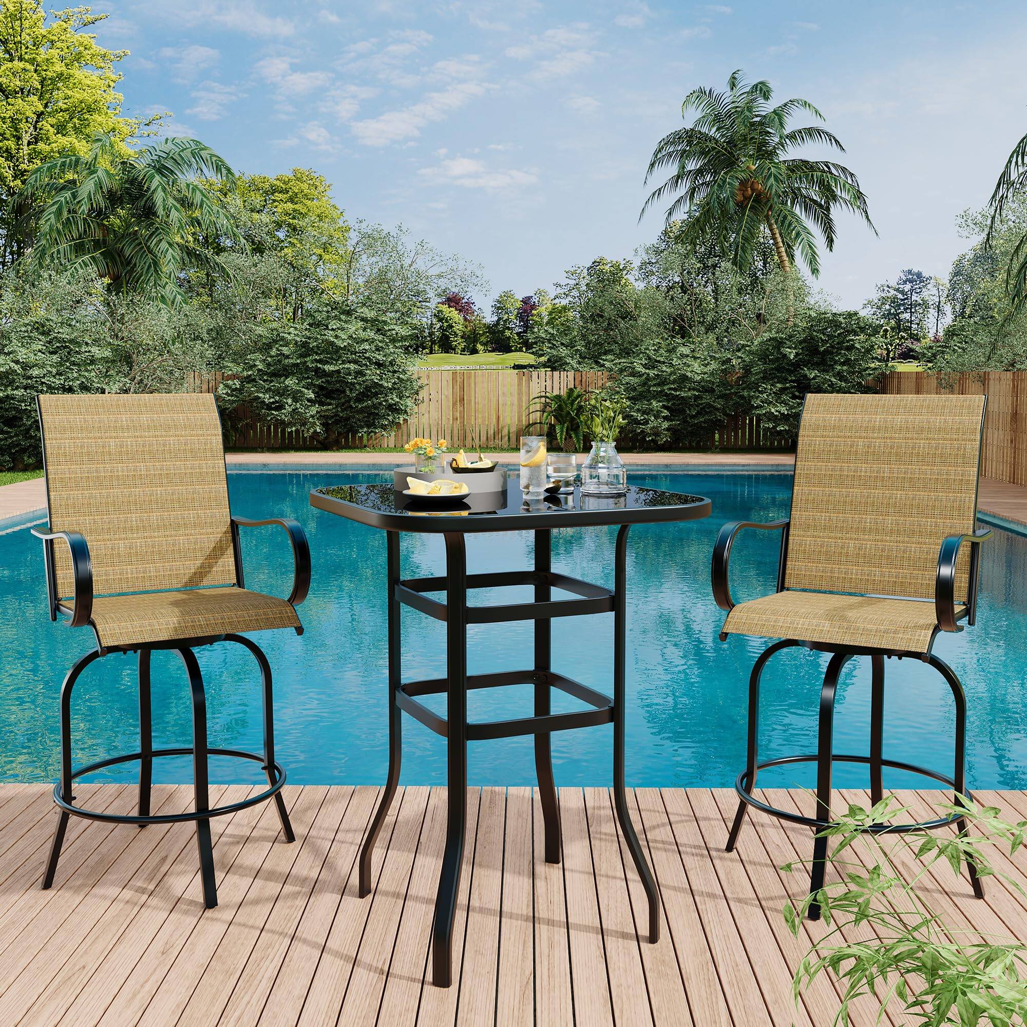 Left. Homhougo - 3 Piece Patio Swivel Bar Sets, 3PCS Outdoor High Top Bar Set with 2 Outdoor Swivel Chairs and Glass Bar Table - Gold.