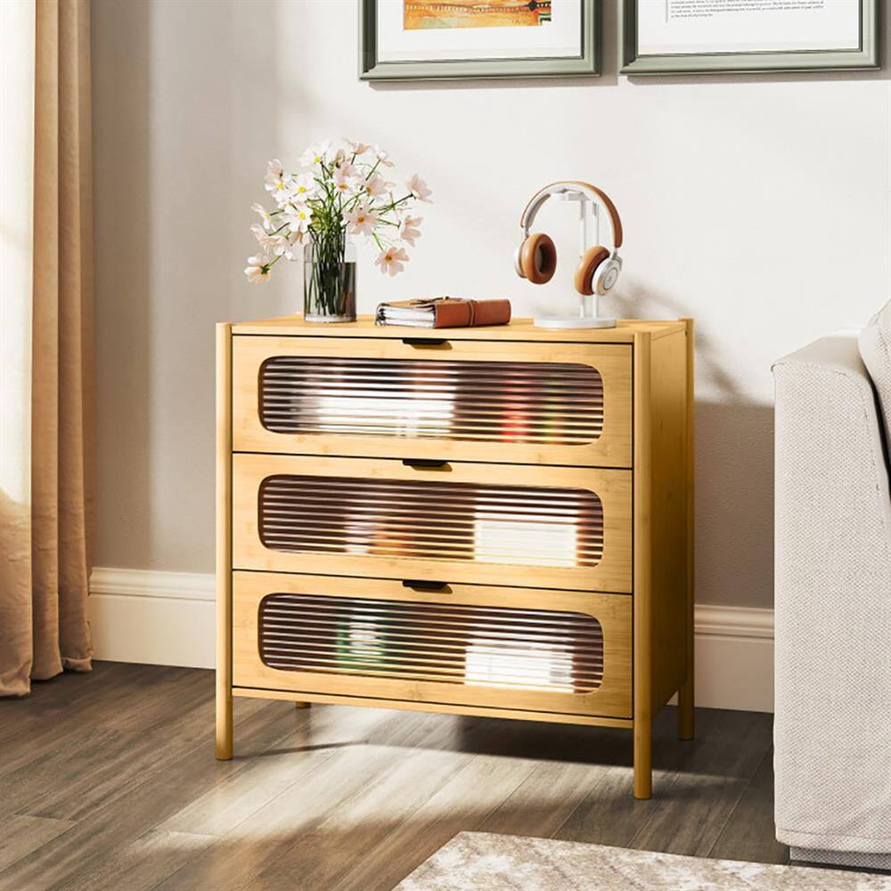 Alt View 6. Kadyn - Storage Dresser,Chest of Drawers,3 Drawer Mid Century Modern Chest of Drawers with Reeded Tempered Glass Front-Natural - Beige.