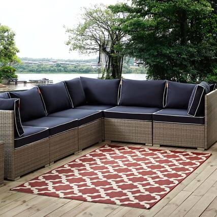 Front. Modway - Cerelia Moroccan Trellis Indoor and Outdoor Area Rug - Red and Beige.
