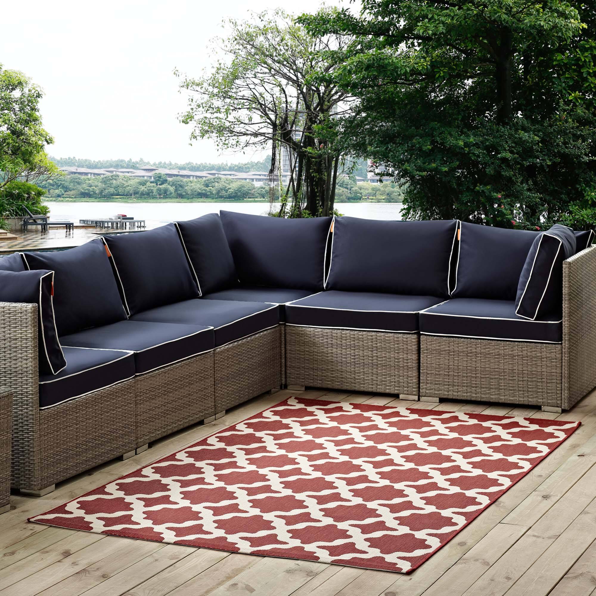 Front. Modway - Cerelia Moroccan Trellis Indoor and Outdoor Area Rug - Red and Beige.