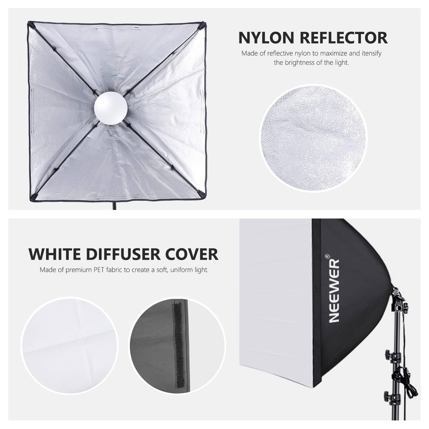 **NYLON REFLECTOR**  
Made of reflective nylon to maximize and intensify the brightness of the light.

**WHITE DIFFUSER COVER**  
Made of premium PET fabric to create a soft, uniform light.