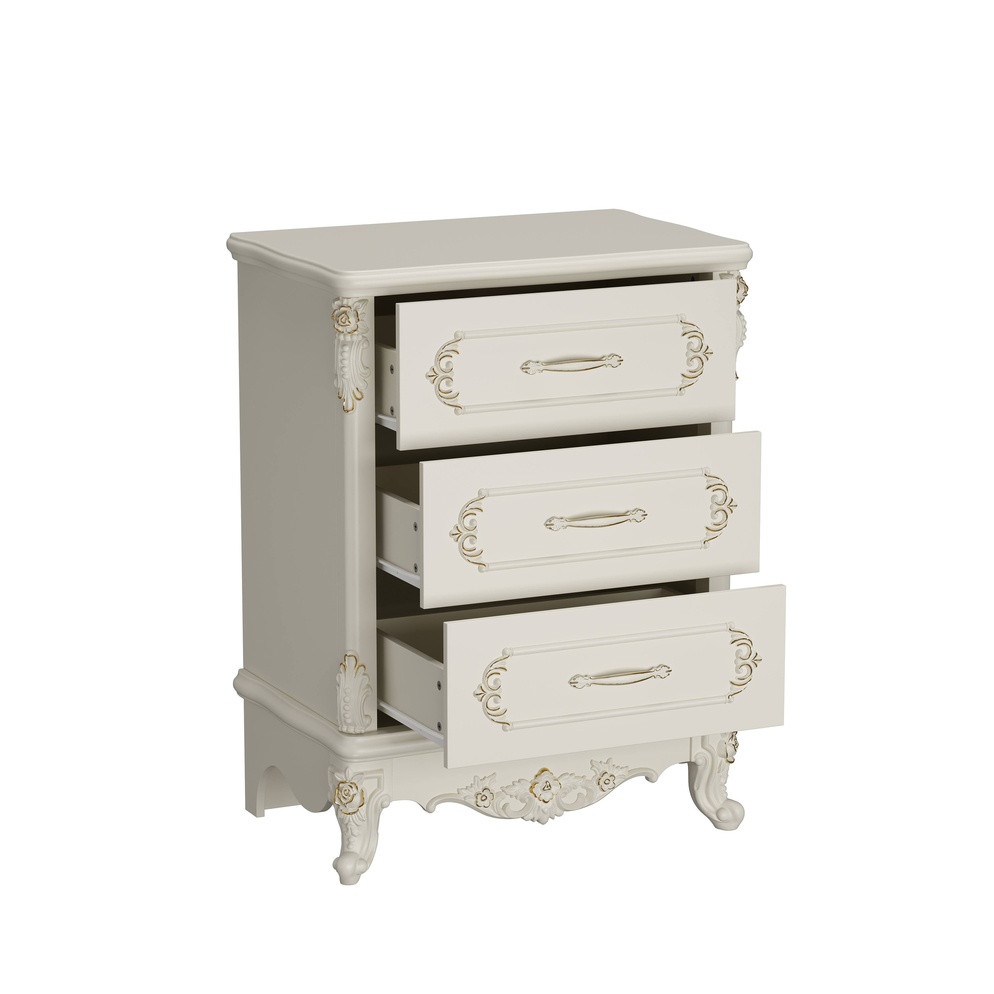 Alt View 4. Famapy - European Style 3-Drawer Dresser with Gold-Accent Carved Details, Ivory White Finish - White.