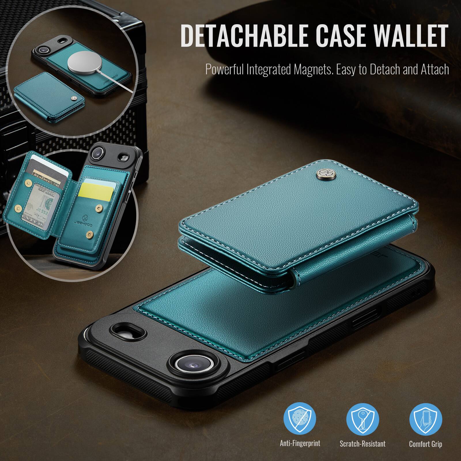 DETACHABLE CASE WALLET  
Powerful Integrated Magnets. Easy to Detach and Attach  

Anti-Fingerprint  
Scratch-Resistant  
Comfort Grip