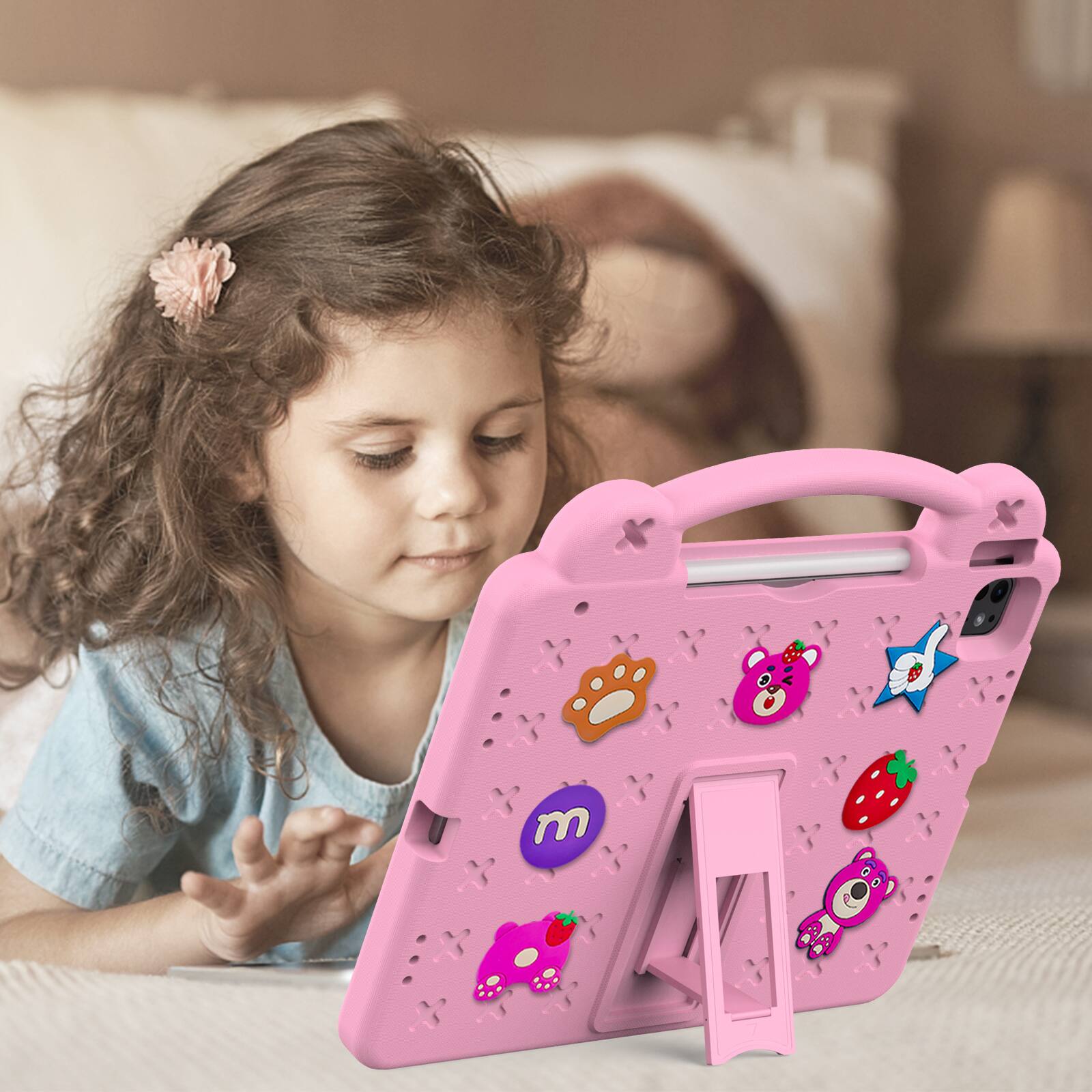 Alt View 2. Dteck - For iPad Air 13'' (M4)2026/(M3)/ (M2)& iPad Pro 13'' (M5)2025/(M4)2024 Cartoon Kid Case Kickstand Handle Grip Shockproof - Pink.