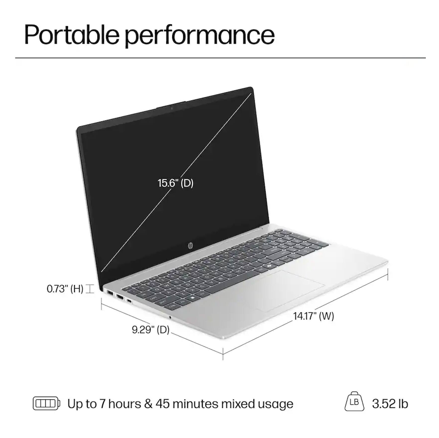 Portable performance

15.6" (D)  
0.73" (H)  
9.29" (D)  
14.17" (W)  

Up to 7 hours & 45 minutes mixed usage  
3.52 lb