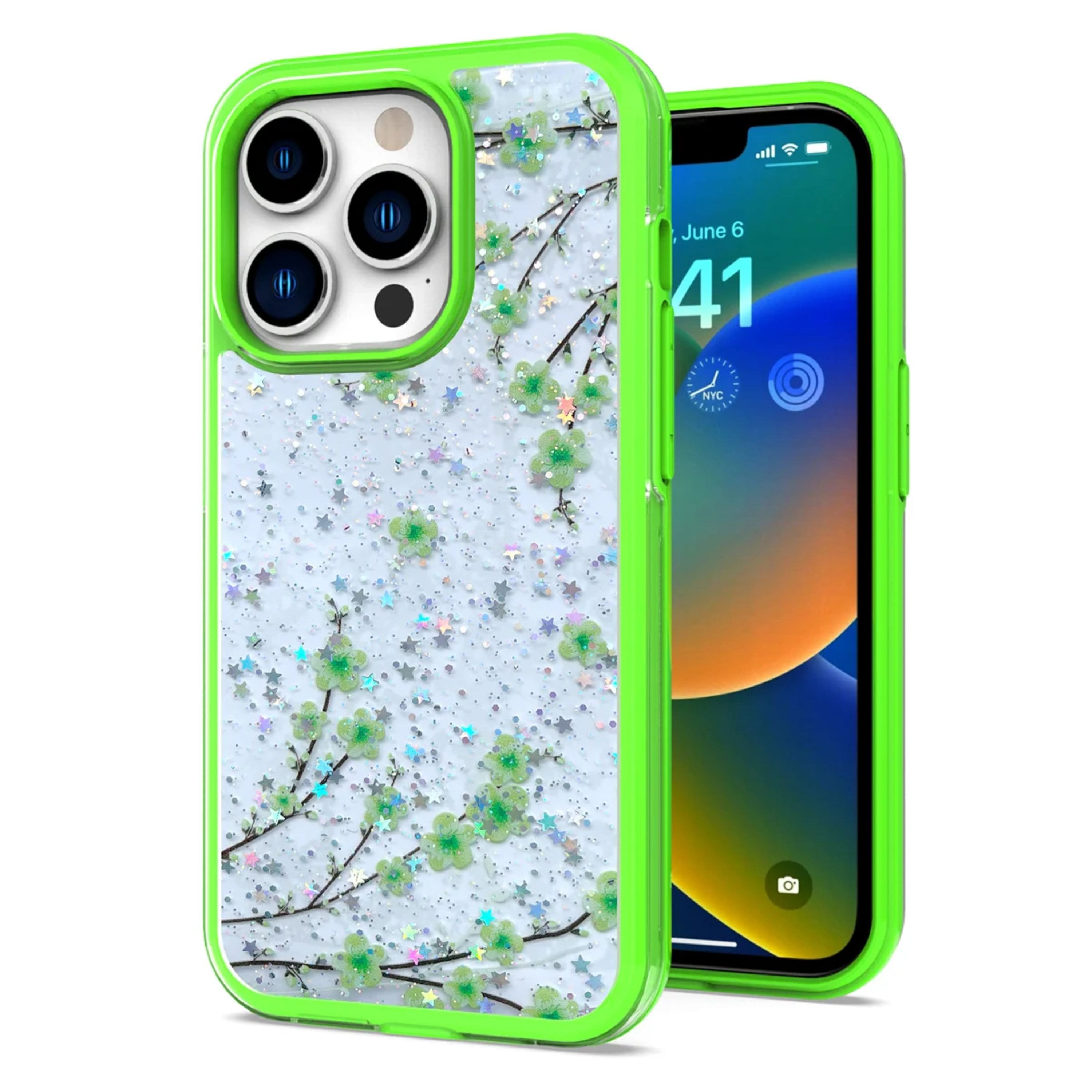 Kitcheniva - Floral Epoxy Glitter Colorful Frame Hybrid Phone Case For iPhone 14 Pro - Green