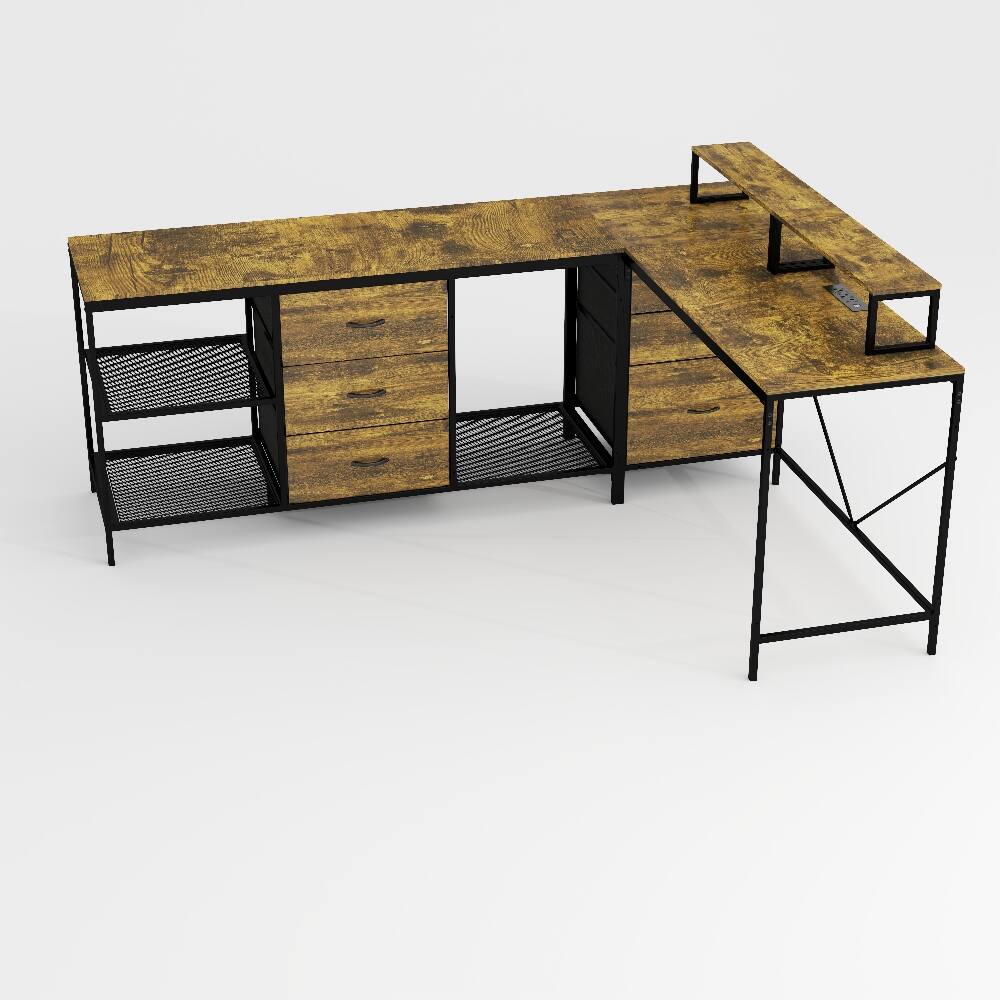 Alt View 10. Loheer - Loheer 114 Inch L-Shaped Desk with Power Hub, Industrial Gaming Desk, 6 Drawers, Rustic Brown - Rustic Brown.