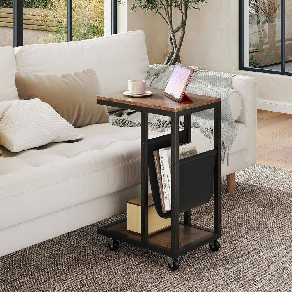 Alt View 4. Kadyn - C-Shaped Accent Table with Detachable Canvas Storage Bag, Brown Frame - Brown.