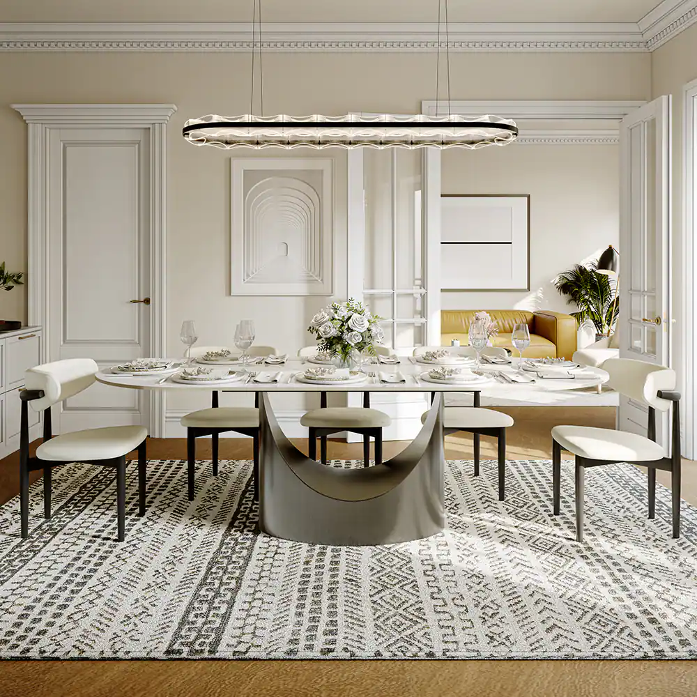 Left. POVISON - 94"Hobart Modern Oval Dining Table for 8-10, White Oval Glossy Sintered Stone Kitchen Table, Gray Carbon Steel Base - White.