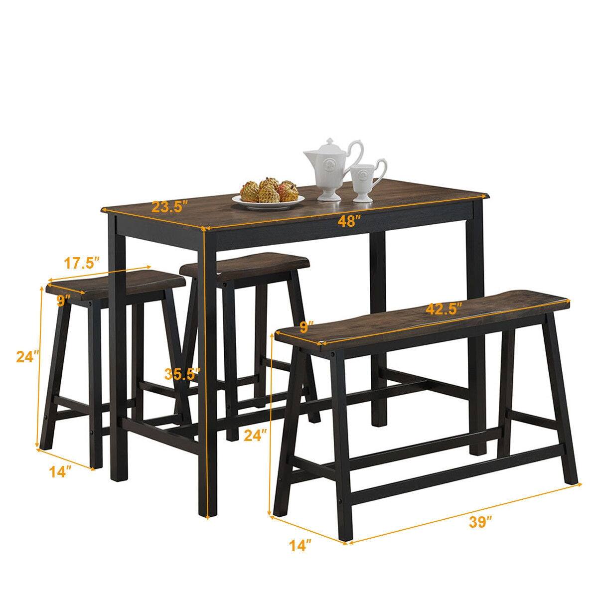 - Table: 48" (length) x 23.5" (width)
- Stools: 17.5" (seat height) x 9" (seat depth) x 24" (height) x 14" (width)
- Bench: 42.5" (length) x 9" (seat depth) x 39" (height) x 14" (width)