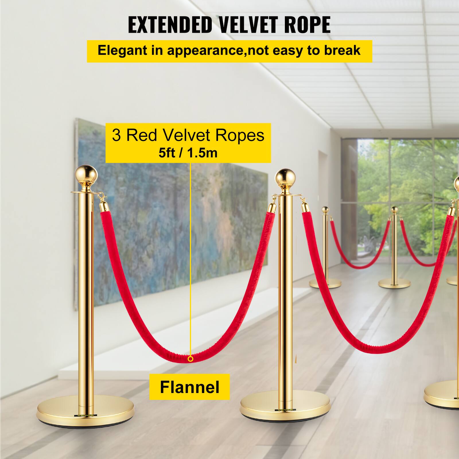 EXTENDED VELVET ROPE  
Elegant in appearance, not easy to break  

3 Red Velvet Ropes  
5ft / 1.5m  

Flannel