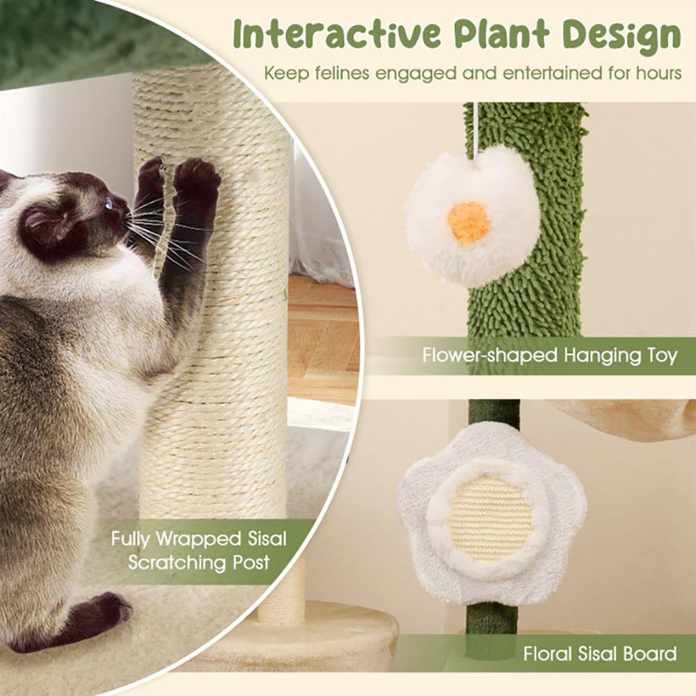 Interactive Plant Design  
Keep felines engaged and entertained for hours  

- Flower-shaped Hanging Toy  
- Fully Wrapped Sisal Scratching Post  
- Floral Sisal Board