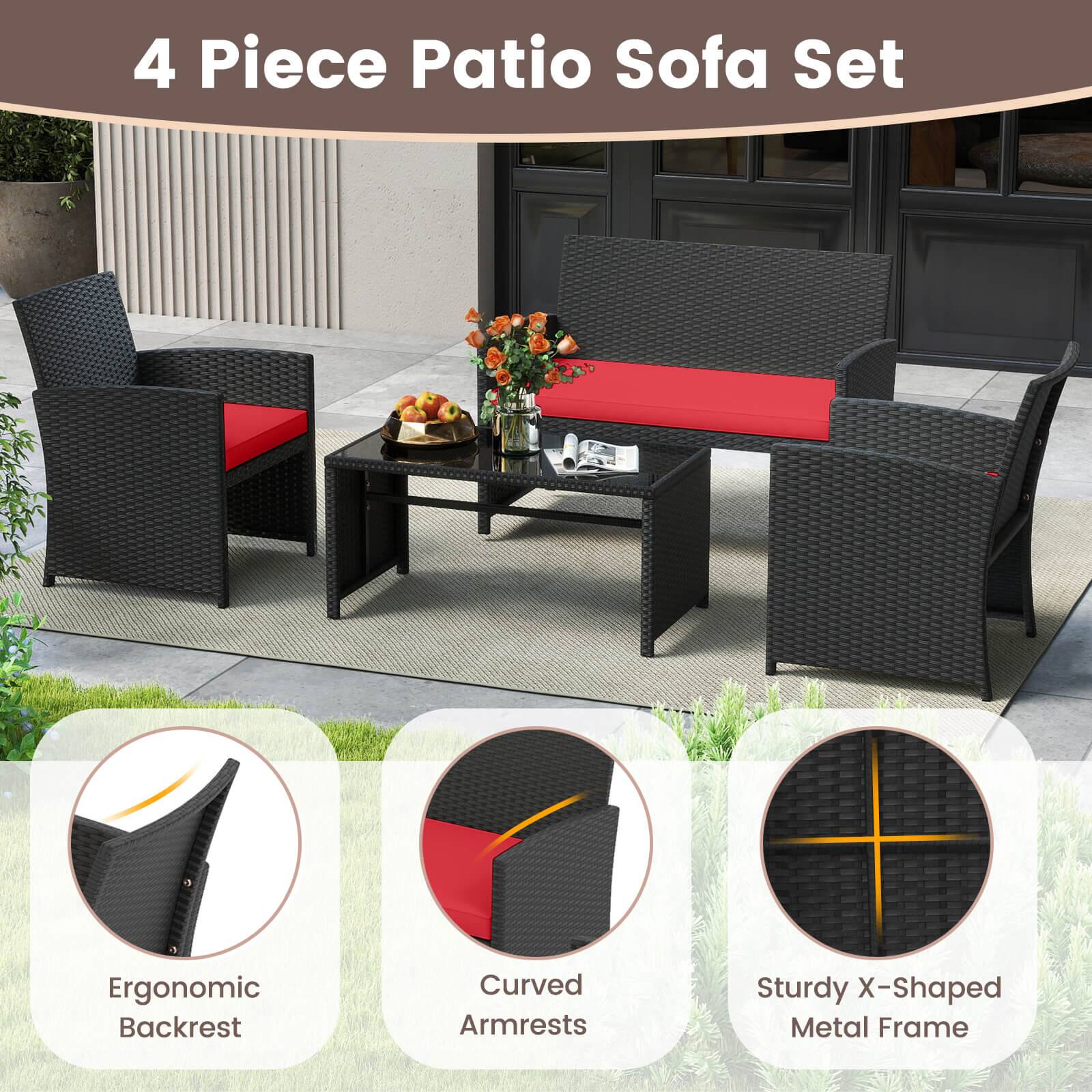 Alt View 8. Costway - Costway 4 PCS Patio Conversation Set with Seat Cushions & Tempered Glass Tabletop, Porch - Red+Black.