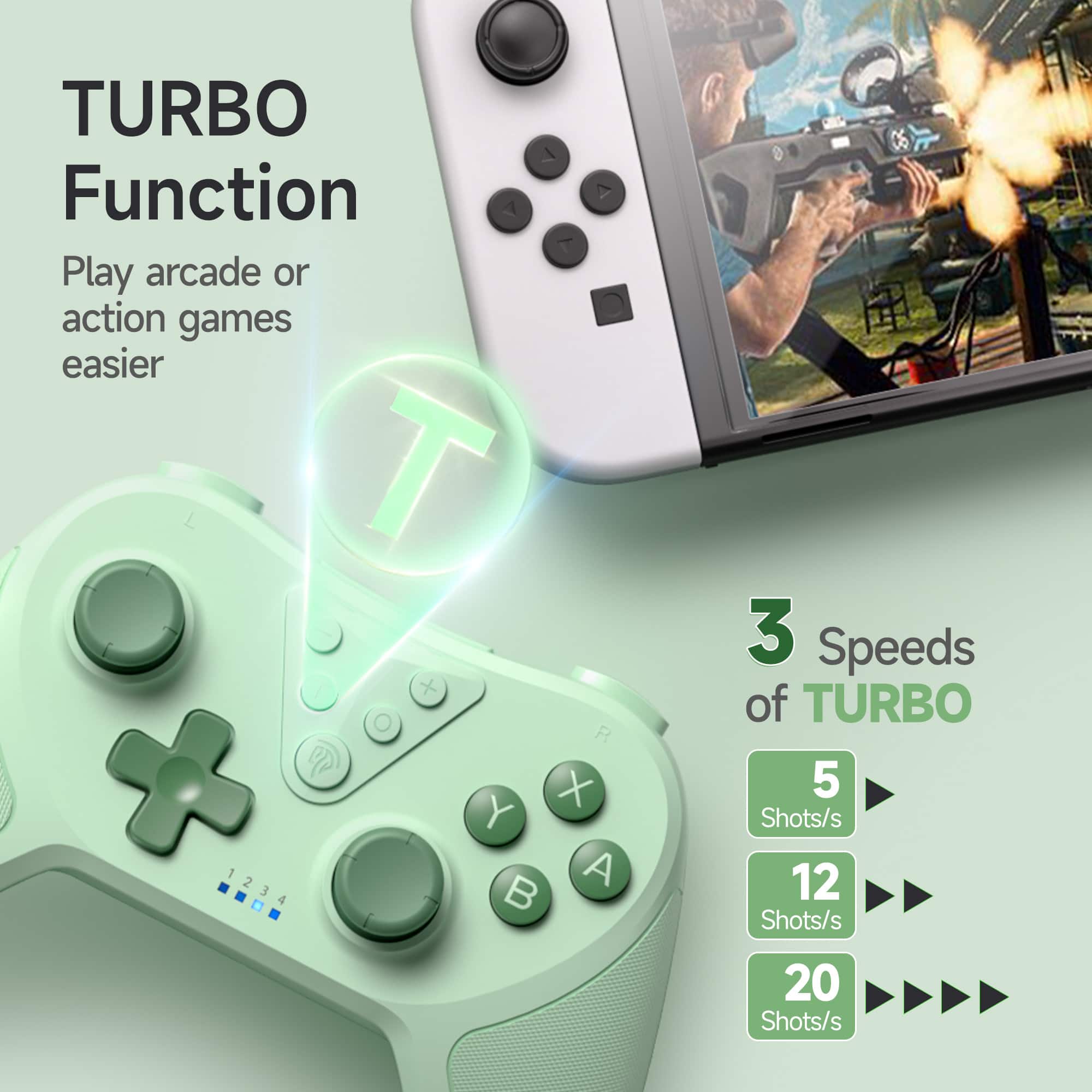 TURBO Function
Play arcade or action games easier
3 Speeds of TURBO
5 Shots/s
12 Shots/s
20 Shots/s