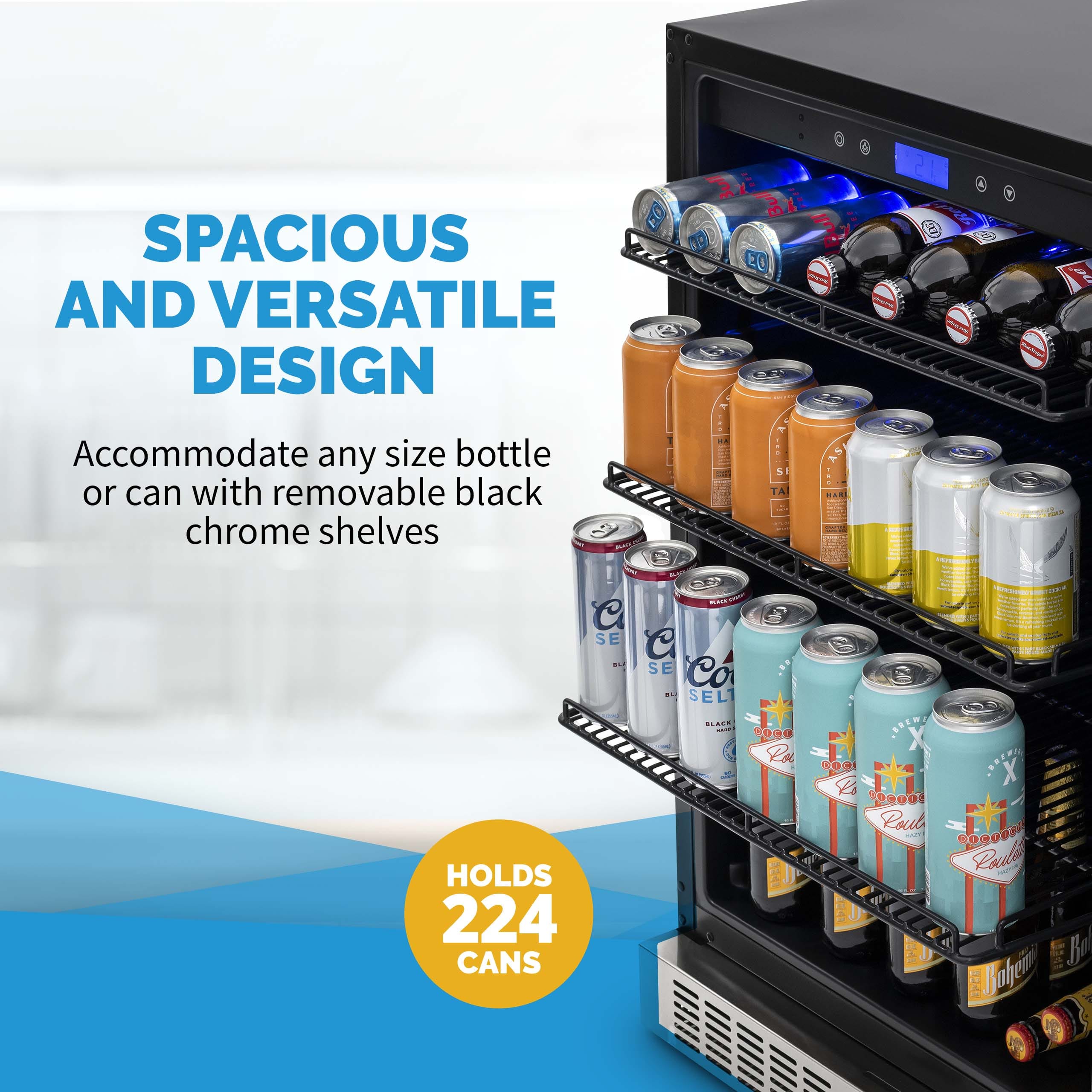 The image features a refrigerator with a large capacity, designed to hold a variety of beverages. The fridge is filled with numerous cans and bottles of different sizes, showcasing its versatile design. The refrigerator can accommodate any size bottle or can, thanks to its removable black chrome shelves. The refrigerator holds a total of 224 cans, making it an ideal choice for stocking up on beverages.