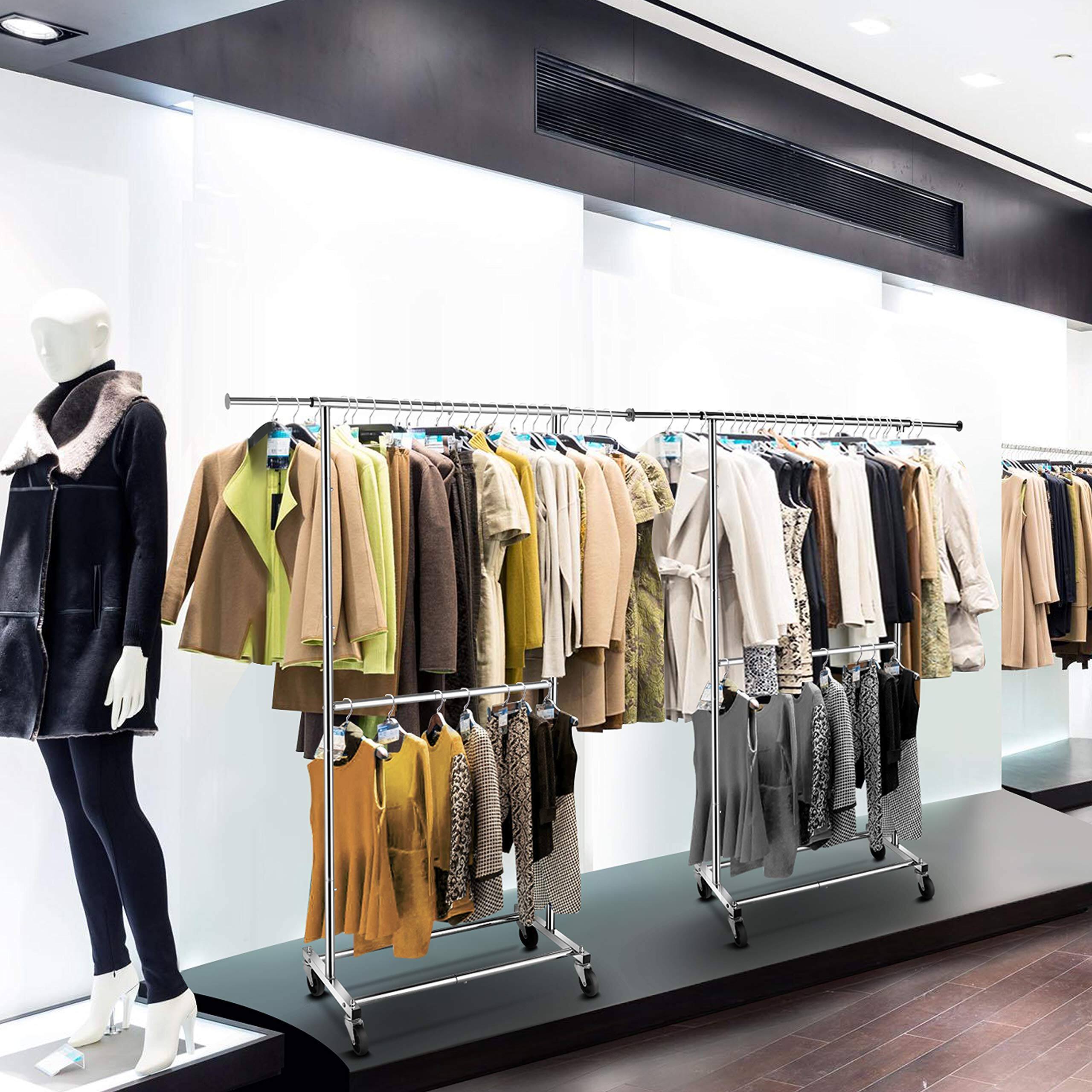 Alt View 4. Refined Abode Design - Double Rod Clothing Garment Rack Rolling Clothes Organizer On Wheels For Hanging Chrome - 24.8"D x 61"W x 63.75"H.