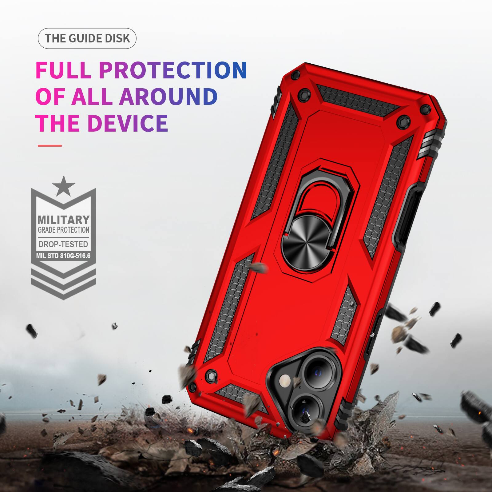 THE GUIDE DISK  
FULL PROTECTION OF ALL AROUND THE DEVICE  
- MILITARY GRADE PROTECTION  
DROP-TESTED  
MIL STD 810G-516.6