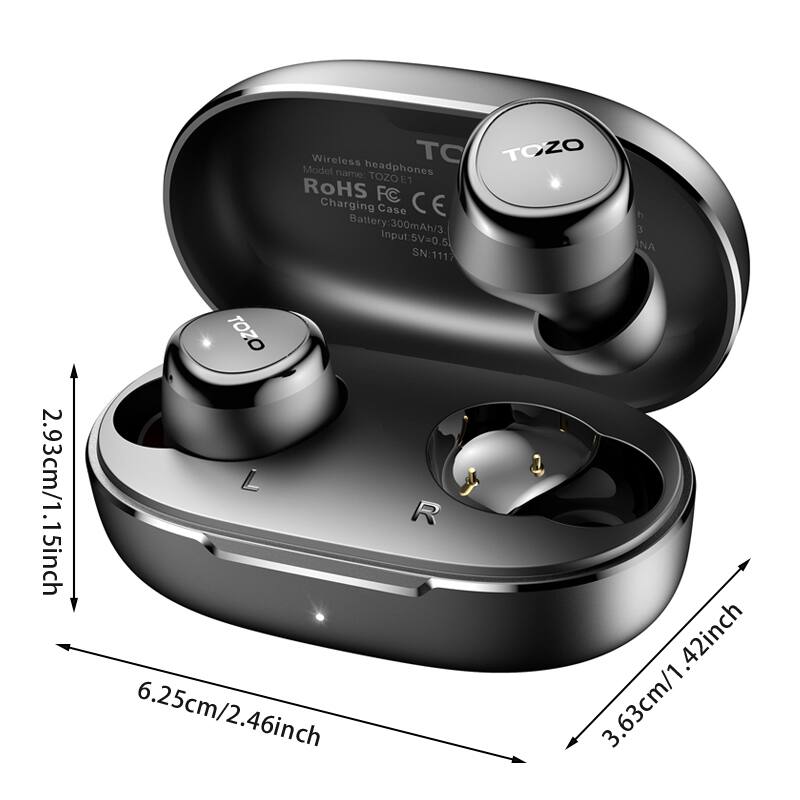 Wireless headphones
Model name: TOZO E1
RoHS FC
Charging Case
CE
Battery: 300mAh/3
Input: 5V=0.5
SN: 111

2.93cm/1.15inch
6.25cm/2.46inch
3.63cm/1.42inch