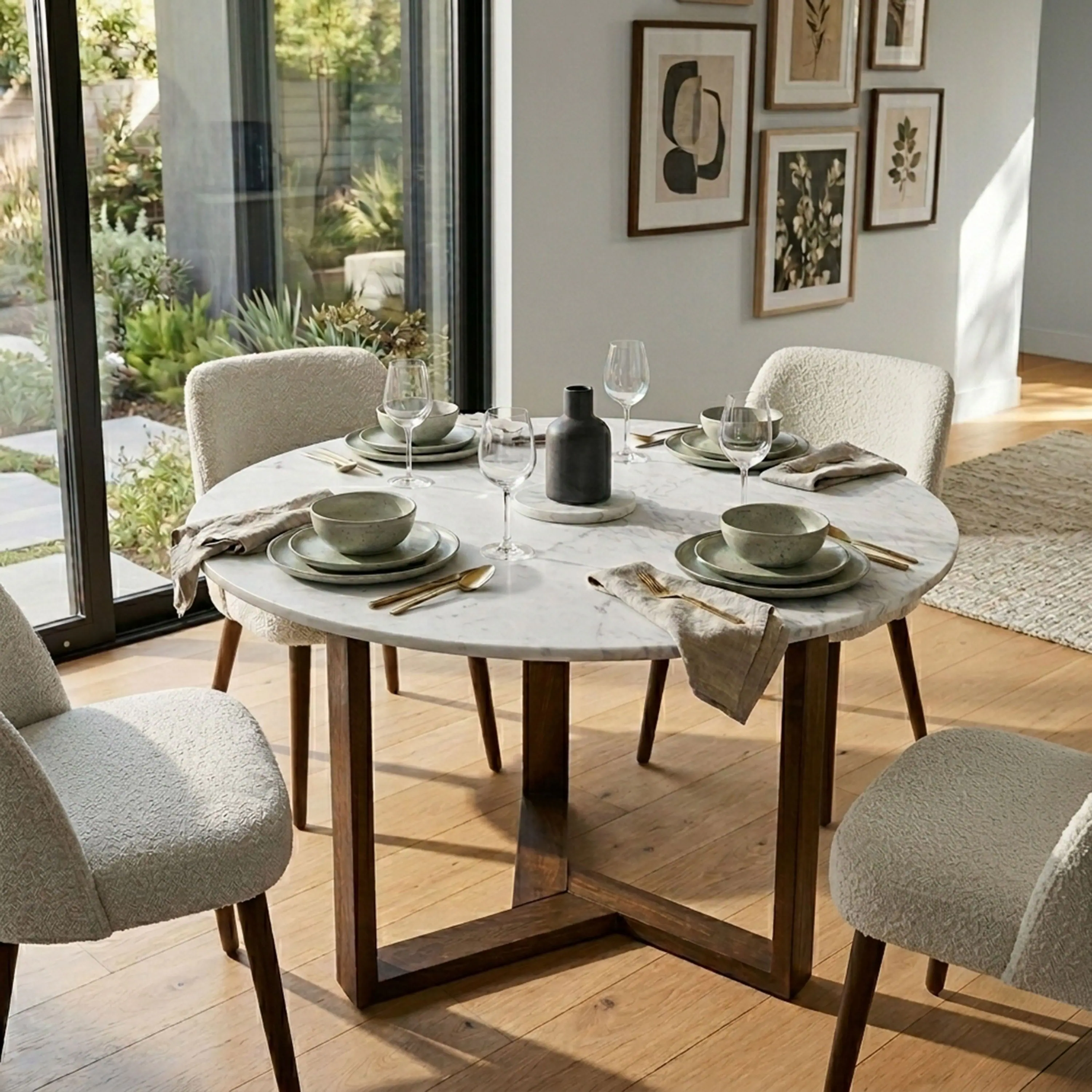 Alt View 7. Manhattan Lane - Fina 48 Inch Round Dining Table, White Genuine Marble Top, Natural Brown Mango Wood 3 Leg Sled Base - White, Natural Brown.