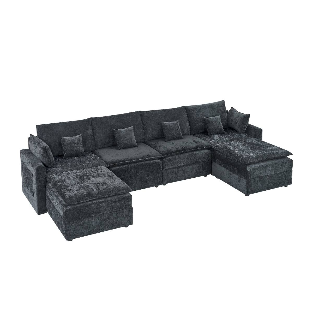 Alt View 7. Ropilly - Ropilly U Shaped Modular Sectional Sofa, Chenille Upholstered 6 Seat Deep Seat Couch, Black - Black.