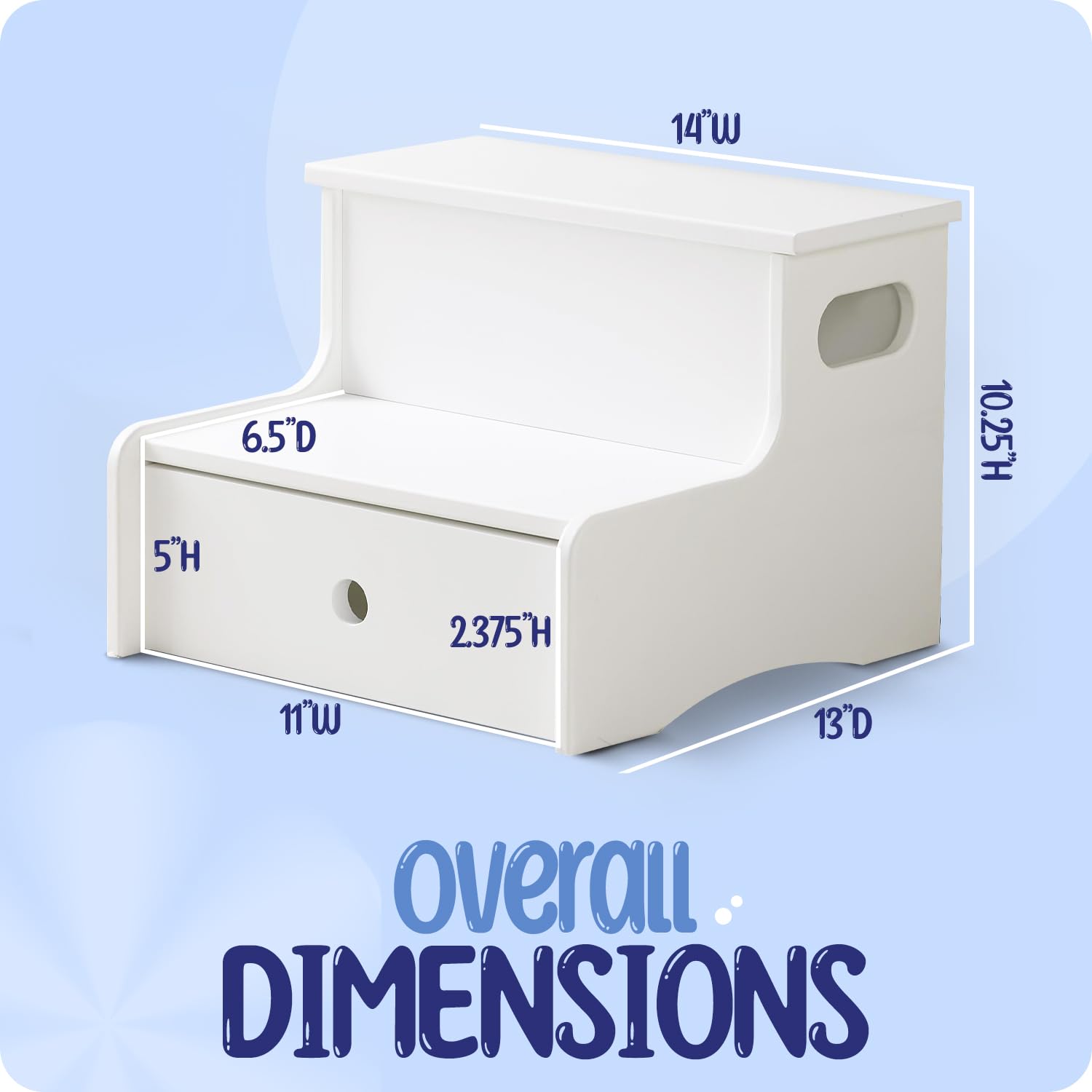 14"W x 5"H x 6.5"D  
11"W x 2.375"H  
13"D  
Overall Dimensions: 14"W x 10.25"H x 13"D