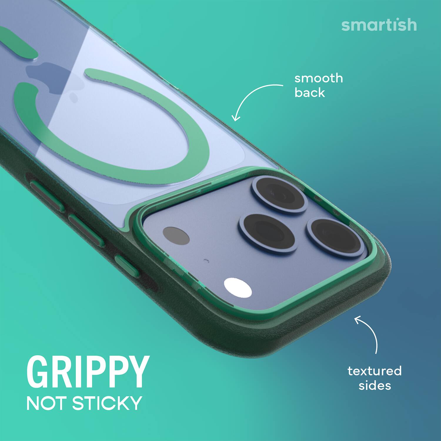 smartish  
smooth back  
GRIPPY NOT STICKY  
textured sides