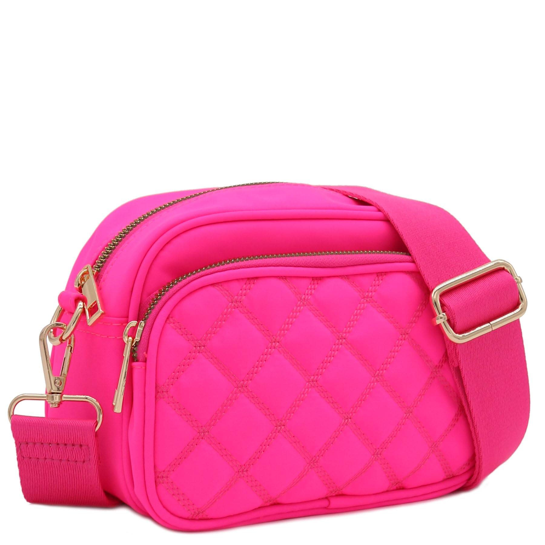 Live At Space - Quilted Nylon Crossbody Bag With Wide Strap Dimensions: 7.5" (W) x 5" (H) x 3.5" (D)Zipper closure, Nylon body &tone - Neon Fuchsia