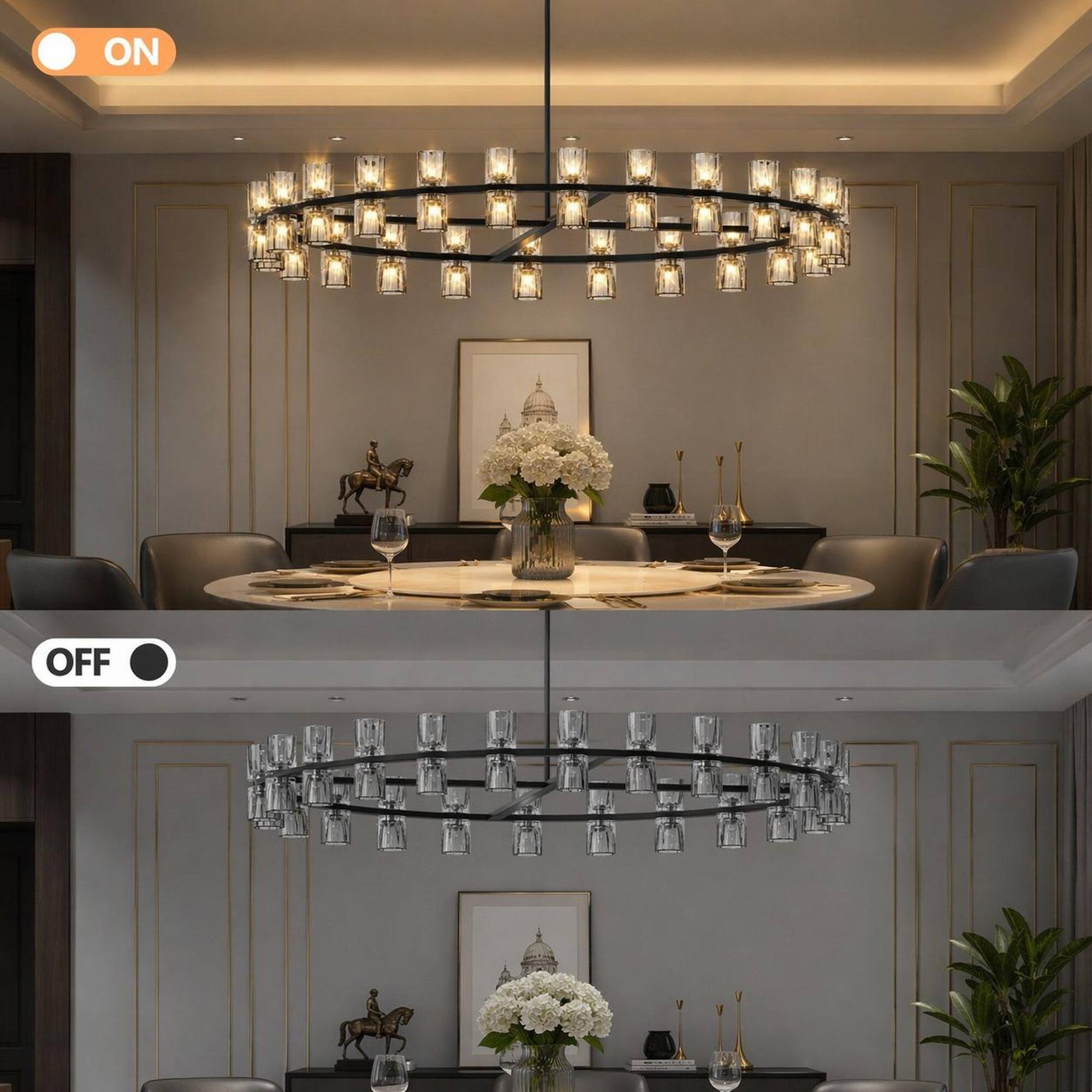 Alt View 1. RYHNUYNE - 48-Inch Black Crystal Chandelier with Dual LED Rings, Modern Luxury Ceiling Light for Living Room, Dining Room.