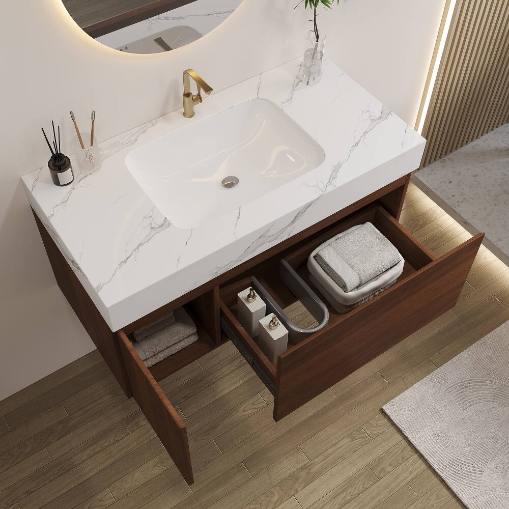 Angle. Loheer - Loheer 36 inch floating bathroom vanity seamless sintered stone top wall mounted vanity with sink walnut - Walnut, White.