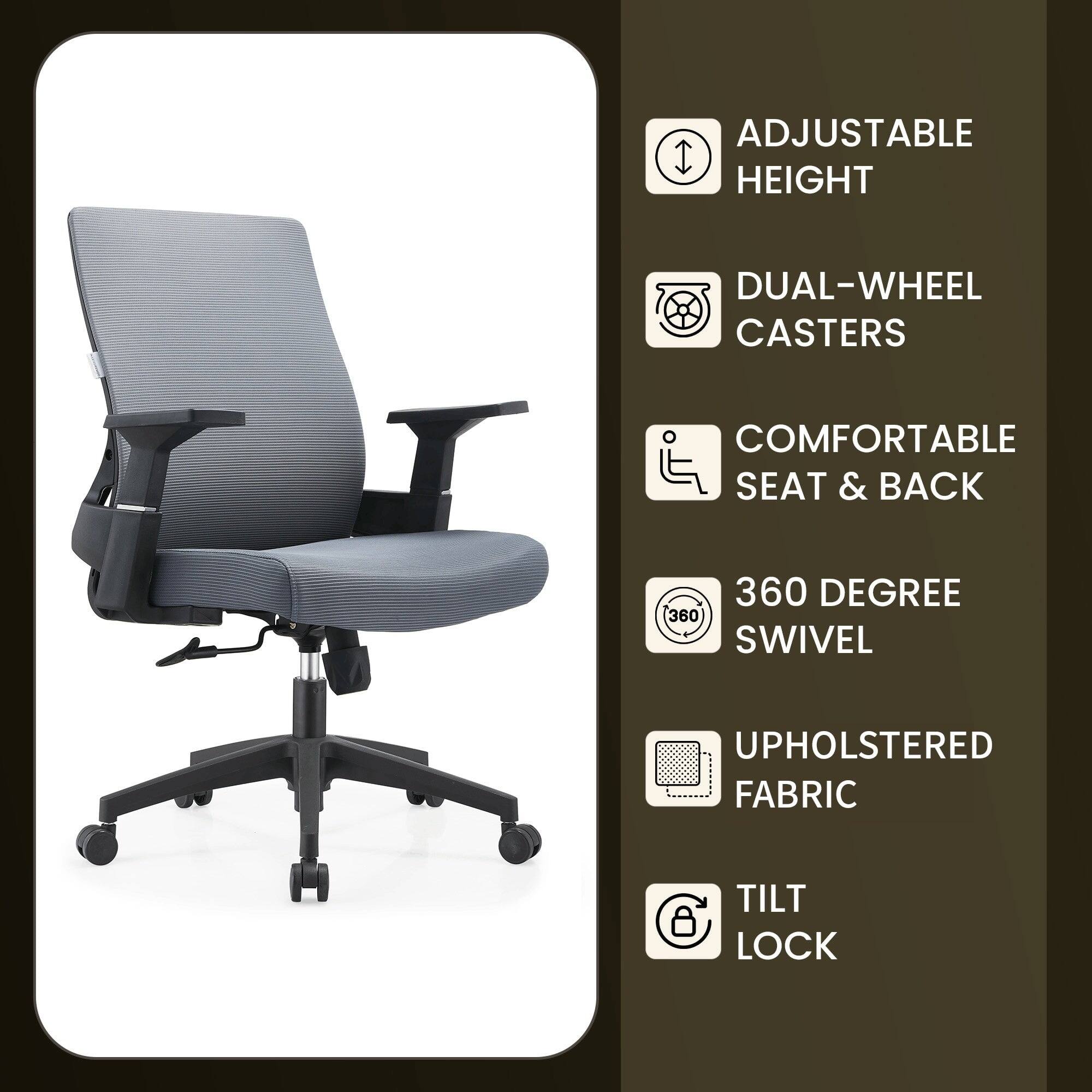 - Adjustable Height
- Dual-Wheel Casters
- Comfortable Seat & Back
- 360 Degree Swivel
- Upholstered Fabric
- Tilt Lock