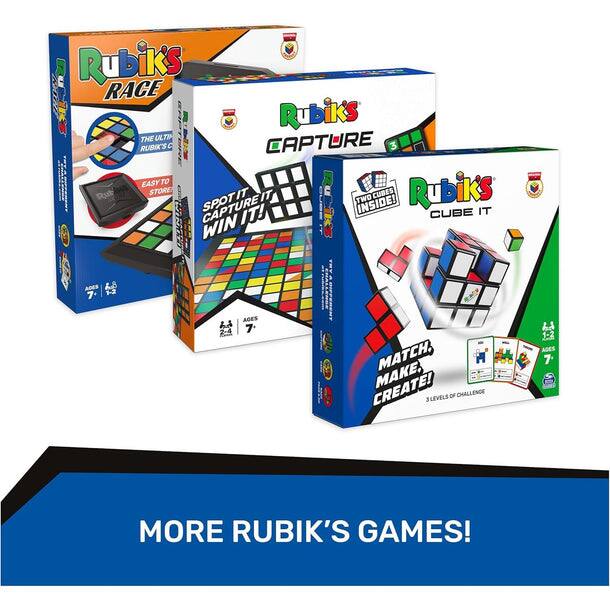 Rubik's Race  
Rubik's Capture  
Rubik's Cube It!  

More Rubik's Games!  

Spot It! Win It!  
Create! Match! Make!  

Ages 7-12  
Ages 7-12  
Ages 7-12  

Two Cubes Inside!  
Easy to Store  
3 Levels of Challenge  

Create! Match! Make!  
7 More Rubik's Games!