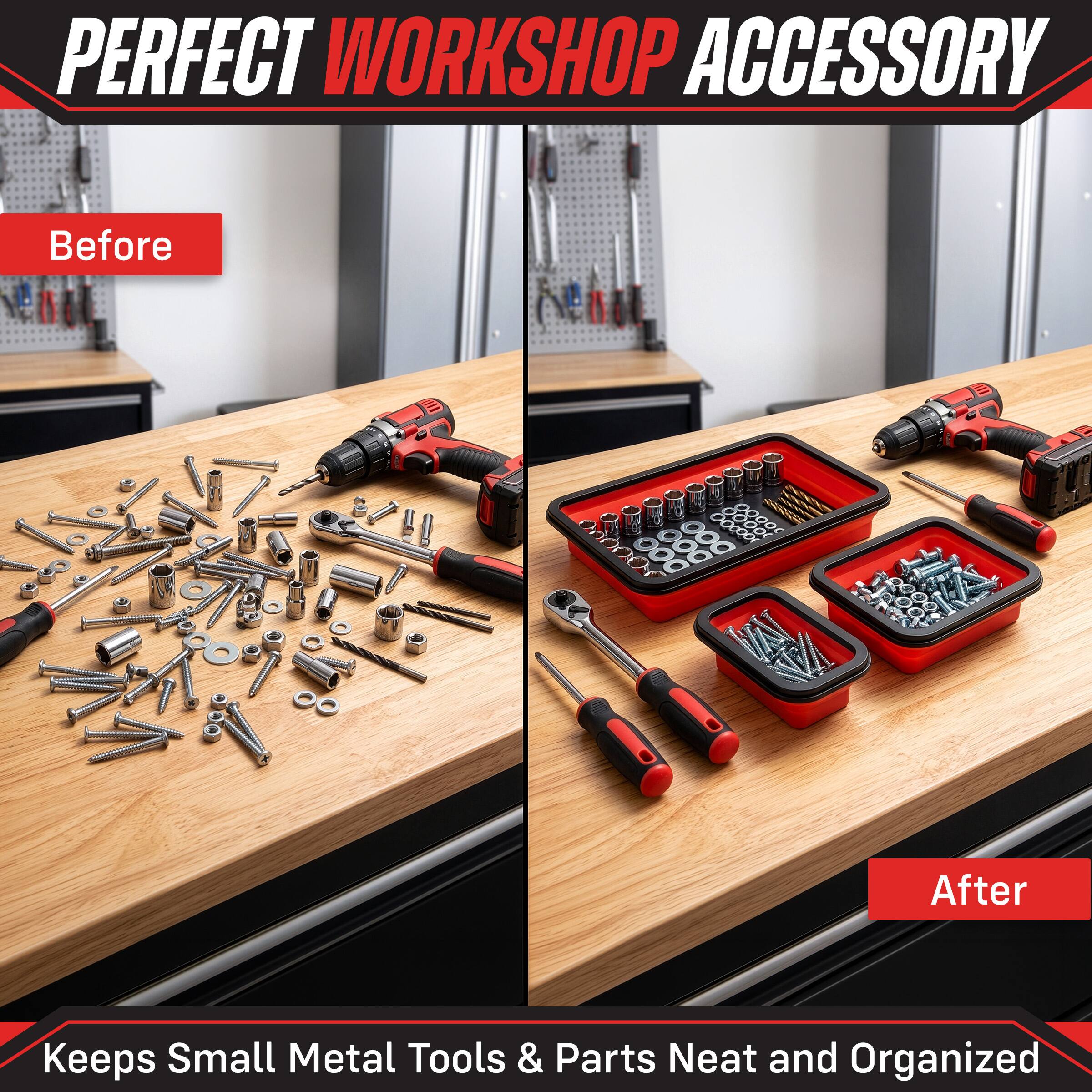 Stalwart Multi Size Collapsible Magnetic Parts Tray Set, Red/Black, 3 ...