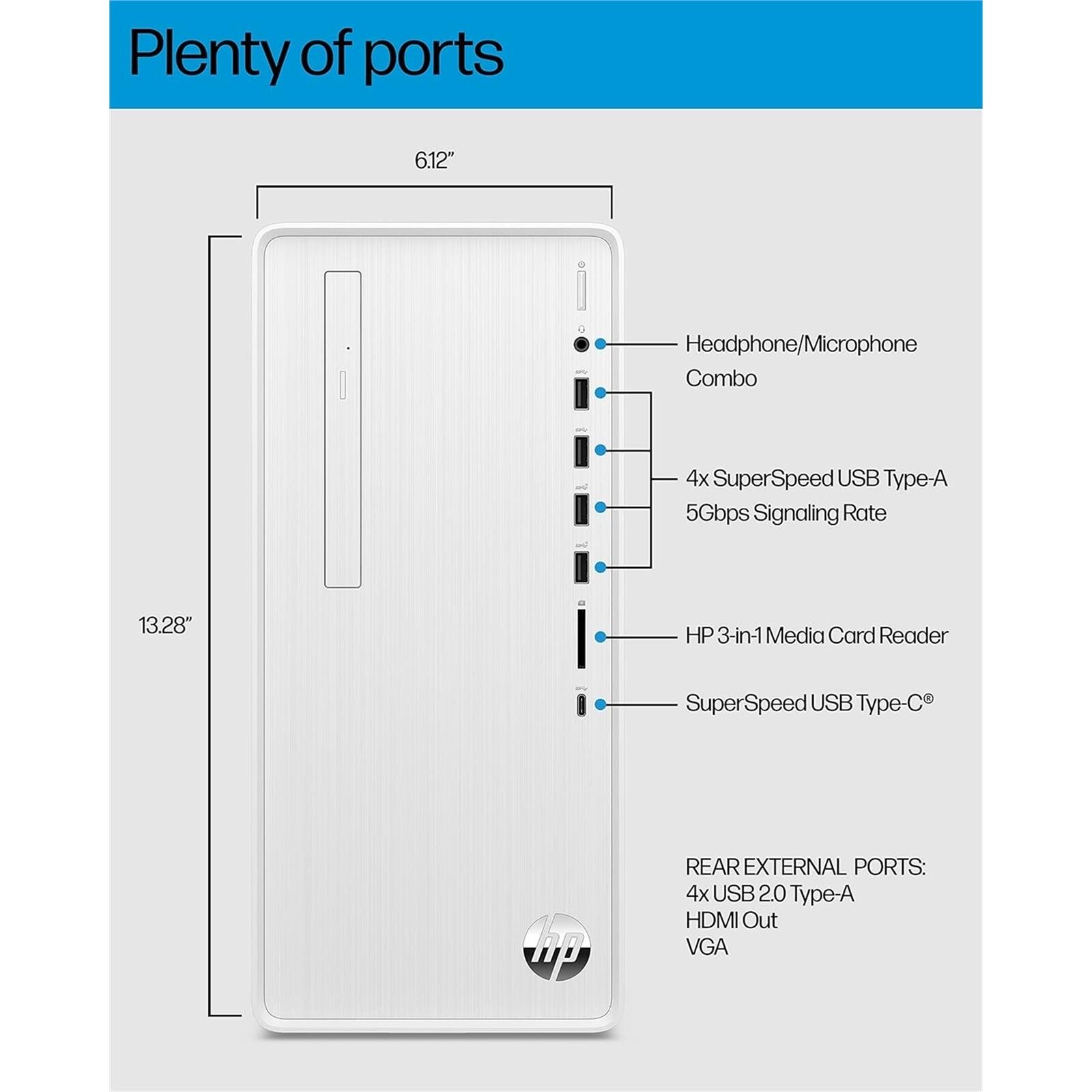 Plenty of ports

6.12"  
13.28"

Headphone/Microphone Combo

4x SuperSpeed USB Type-A 5Gbps Signaling Rate

HP 3-in-1 Media Card Reader

SuperSpeed USB Type-C

REAR EXTERNAL PORTS:
4x USB 2.0 Type-A
HDMI Out
VGA