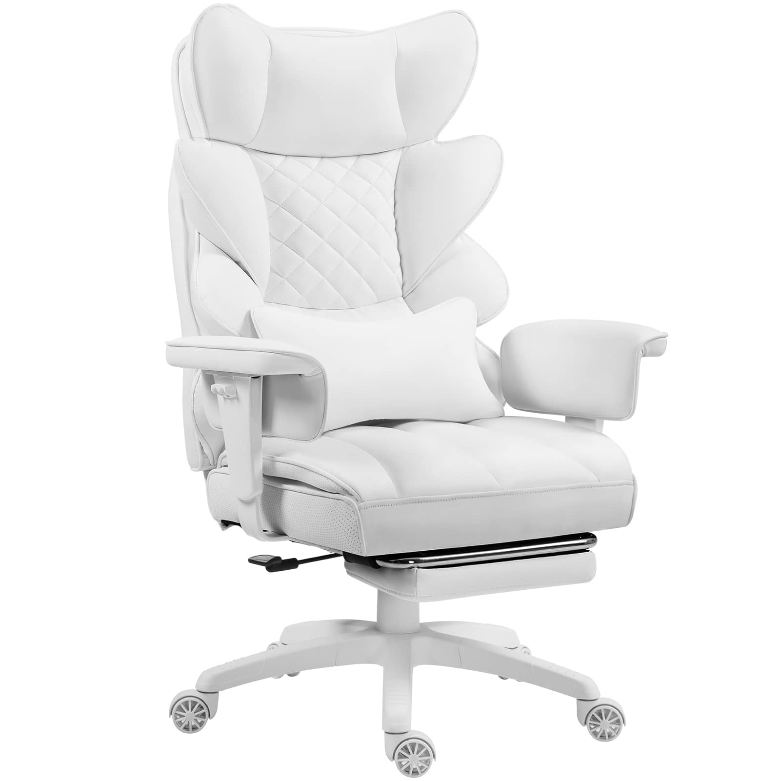 Dowinx - Wide Back Executive Office Chair with Padded Pocket Spring Cushion, Swivel Game Chair with Footrest and Rocking Function - White PU Leather